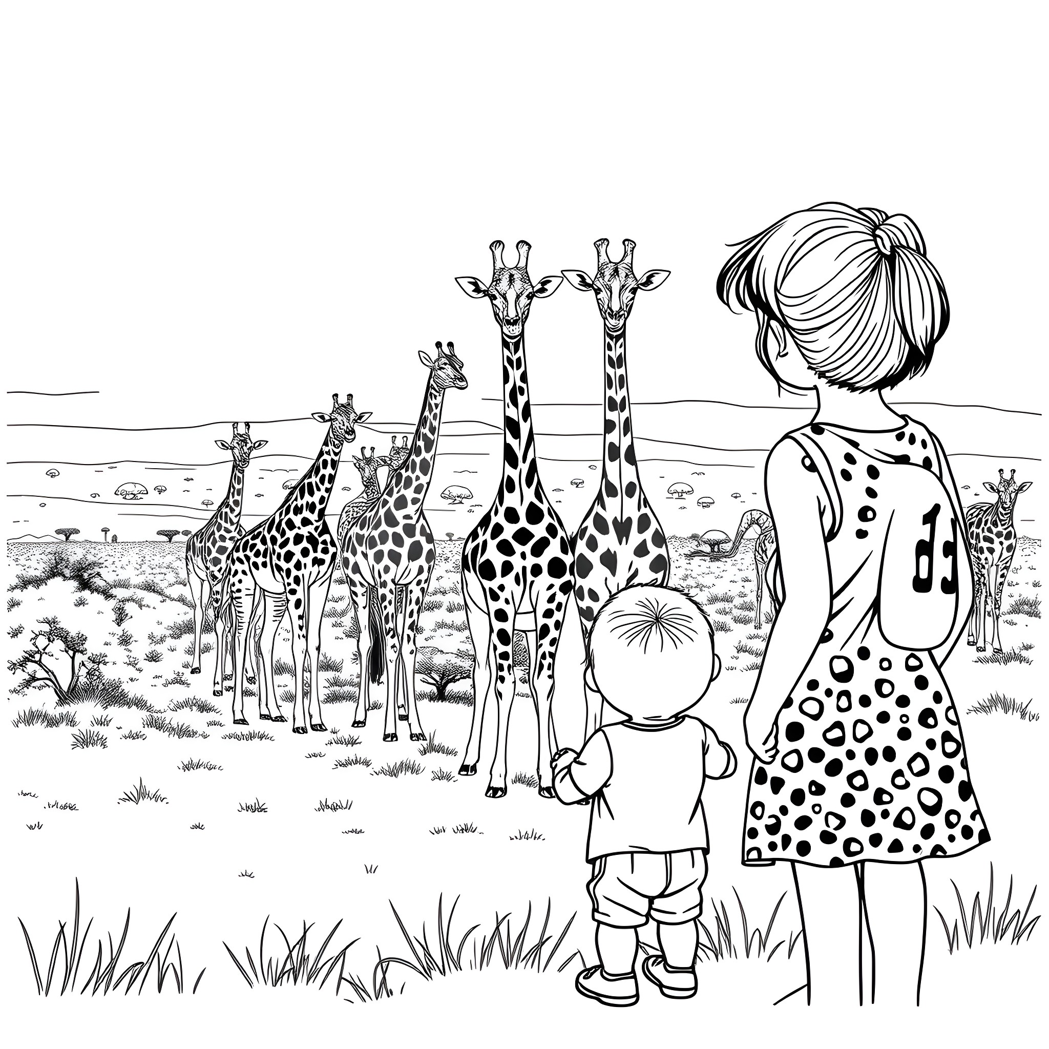 Giraffe family in the African savanna Coloring Page (free black-and-white line drawing printable PDF for all, from beginners to advanced learners, including children, teens, adults, and seniors)