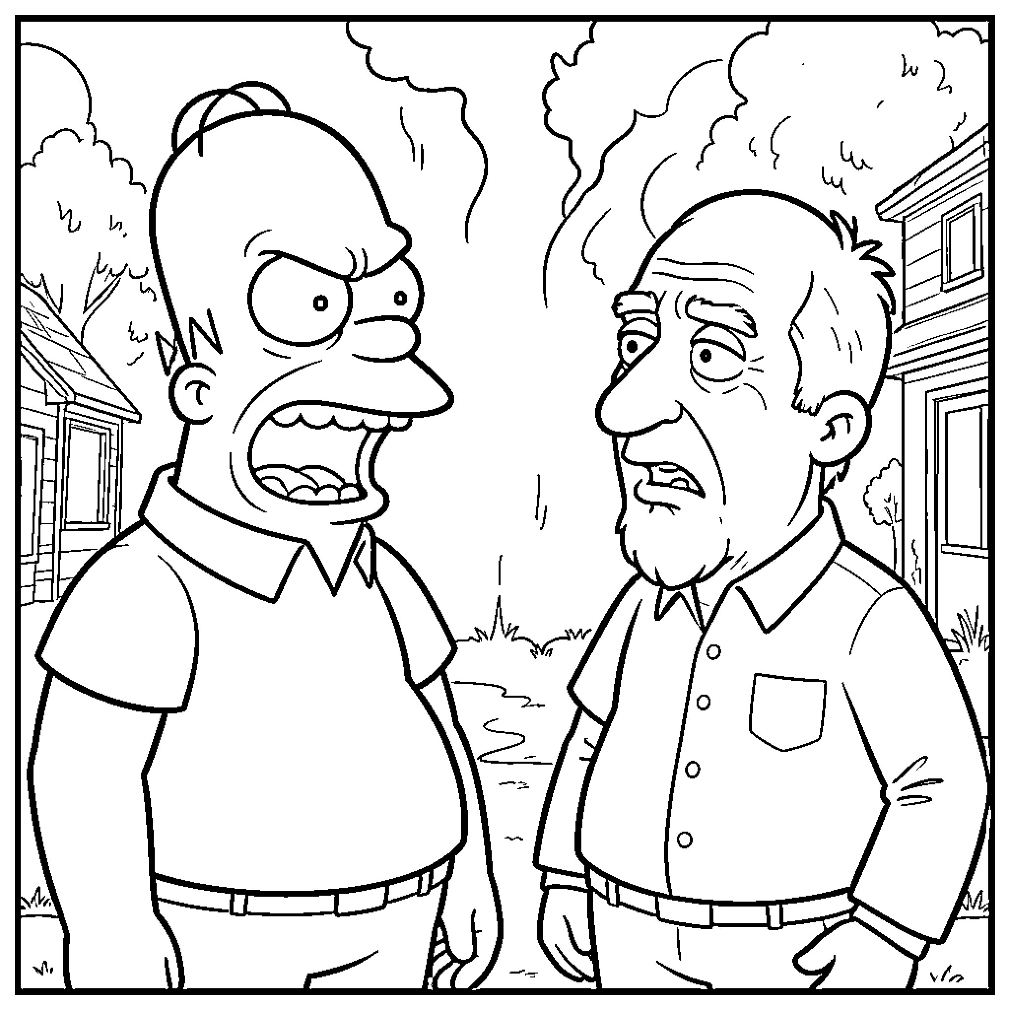 Homer Simpson argues with an elderly neighbor Coloring Page (free black-and-white line drawing printable PDF for all, from beginners to advanced learners, including children, teens, adults, and seniors)