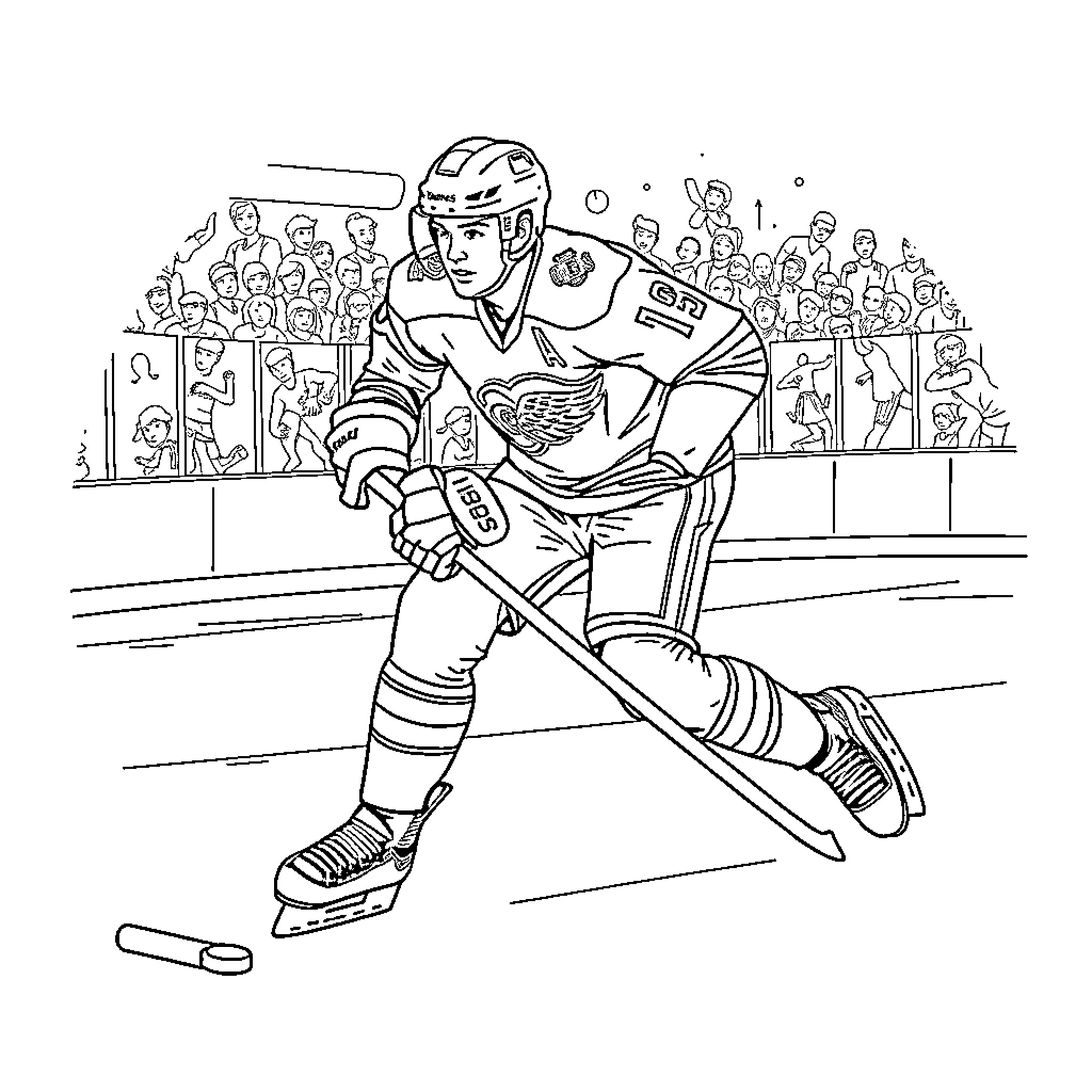 Patrick Mahomes Hockey Player Skating on Ice Rink Coloring Page (free black-and-white line drawing printable PDF for all, from beginners to advanced learners, including children, teens, adults, and seniors)