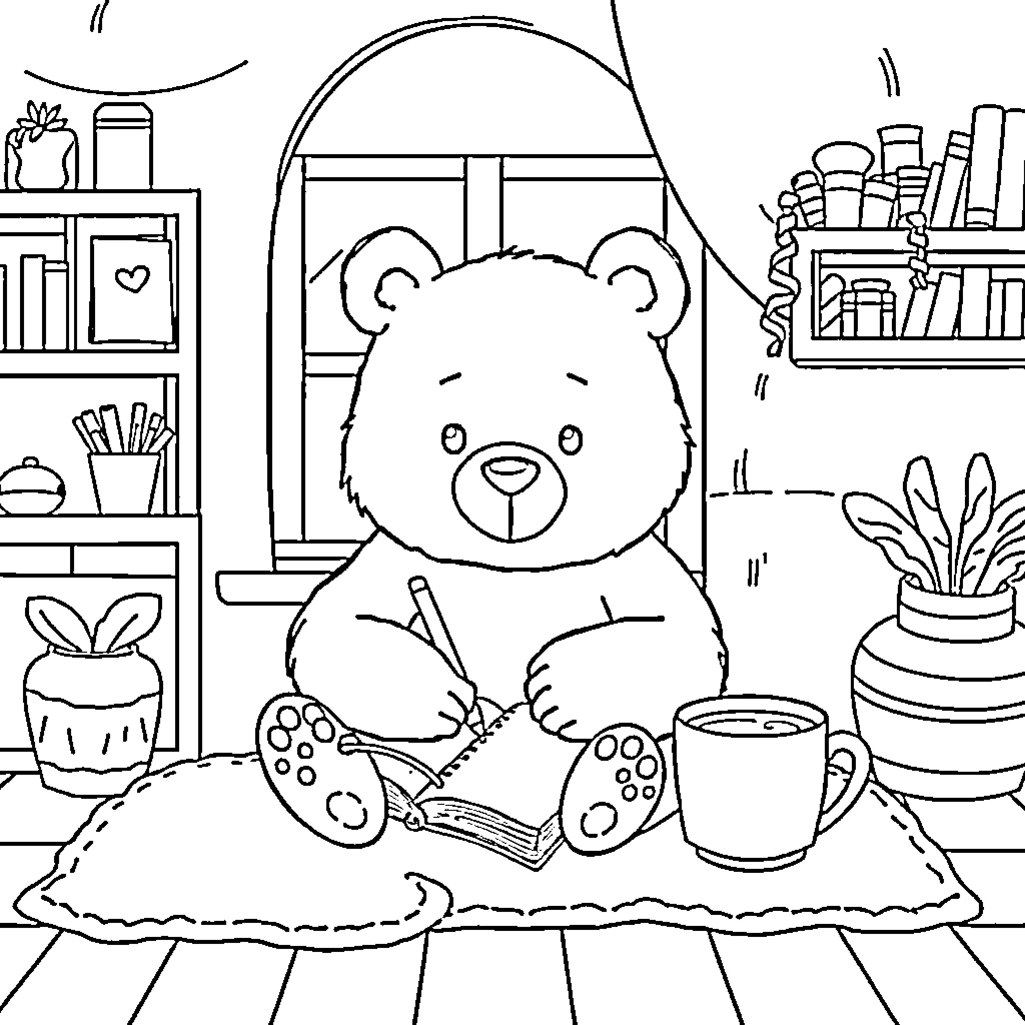 Bear reading a book by the window Coloring Page (free black-and-white line drawing printable PDF for all, from beginners to advanced learners, including children, teens, adults, and seniors)