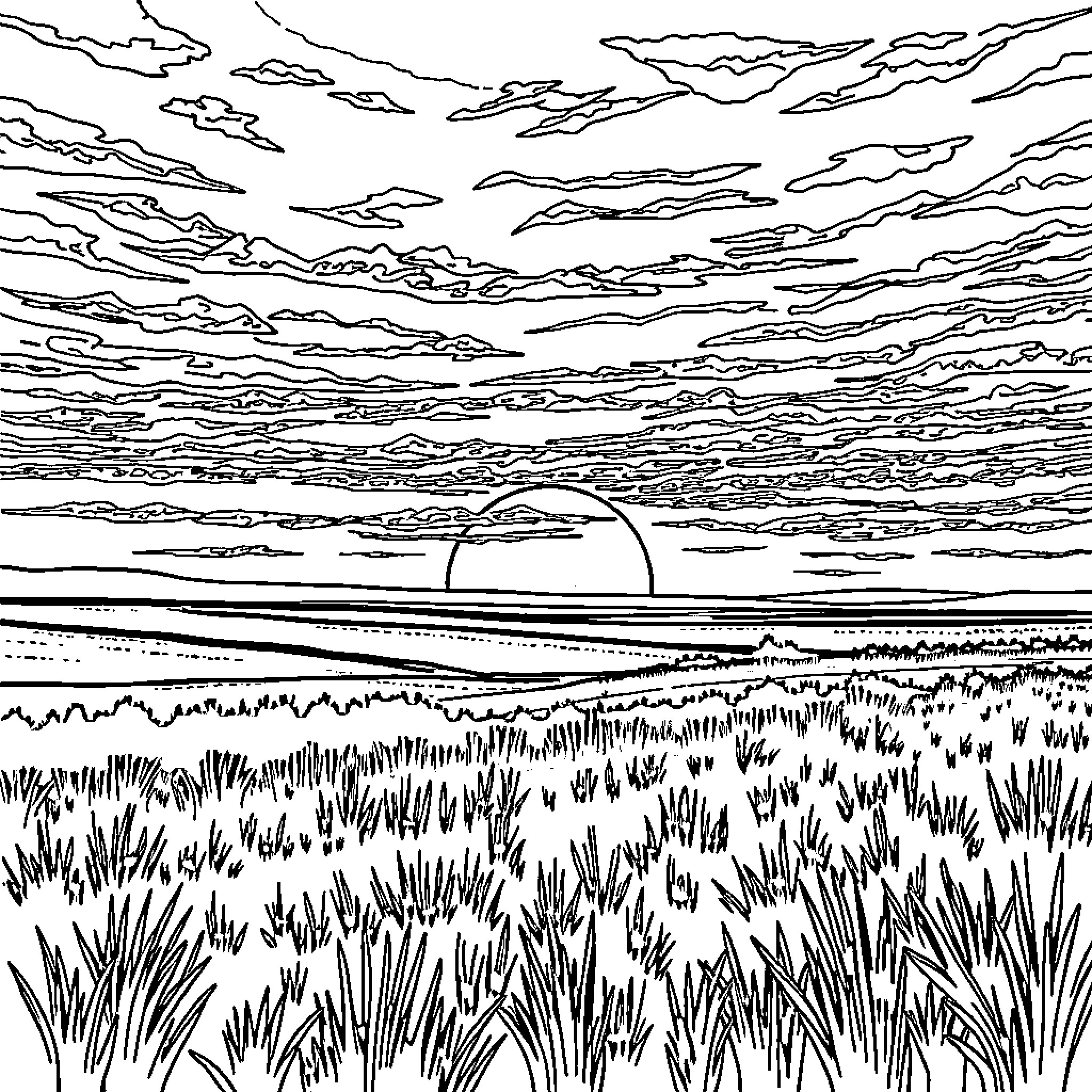 Sunset over a serene landscape Coloring Page (free black-and-white line drawing printable PDF for all, from beginners to advanced learners, including children, teens, adults, and seniors)
