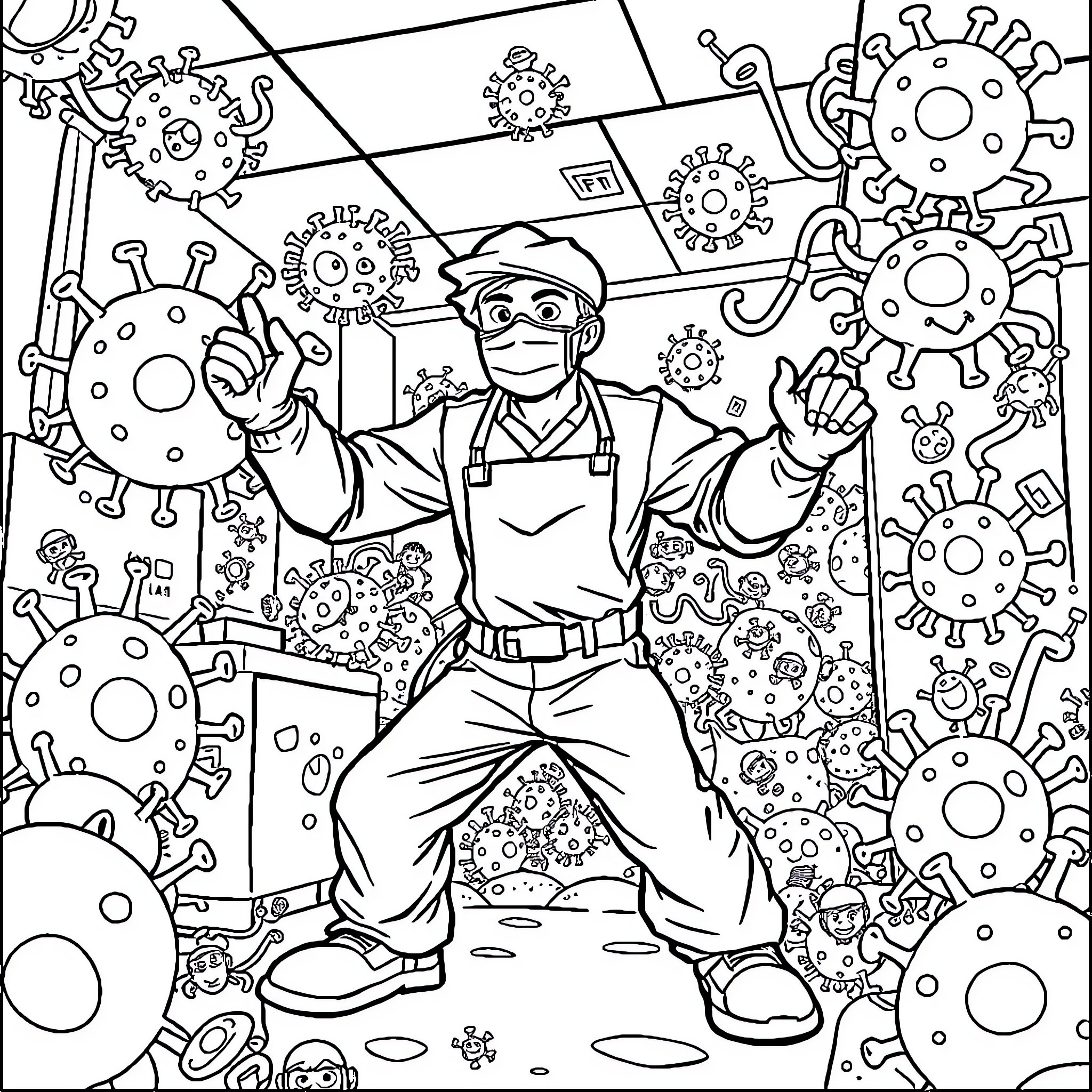 Hospital Worker Battling Coronavirus Outbreak Coloring Page (free black-and-white line drawing printable PDF for all, from beginners to advanced learners, including children, teens, adults, and seniors)