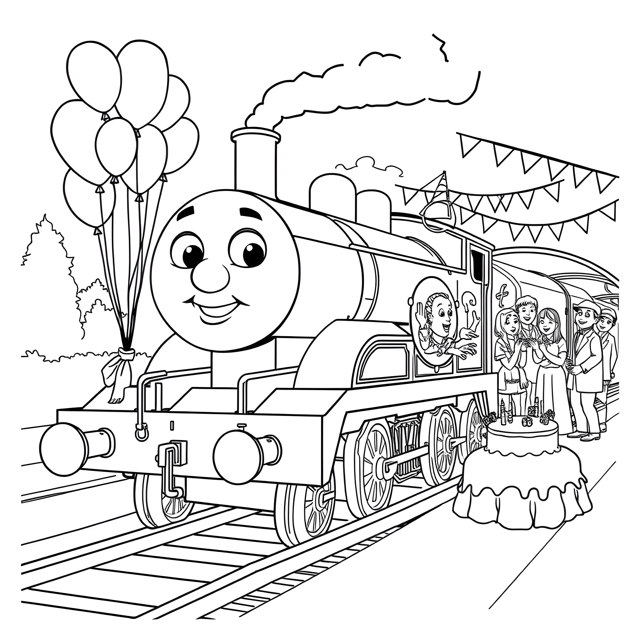 Douglas the Locomotive's Joyful Birthday Celebration Coloring Page (free black-and-white line drawing printable PDF for all, from beginners to advanced learners, including children, teens, adults, and seniors)