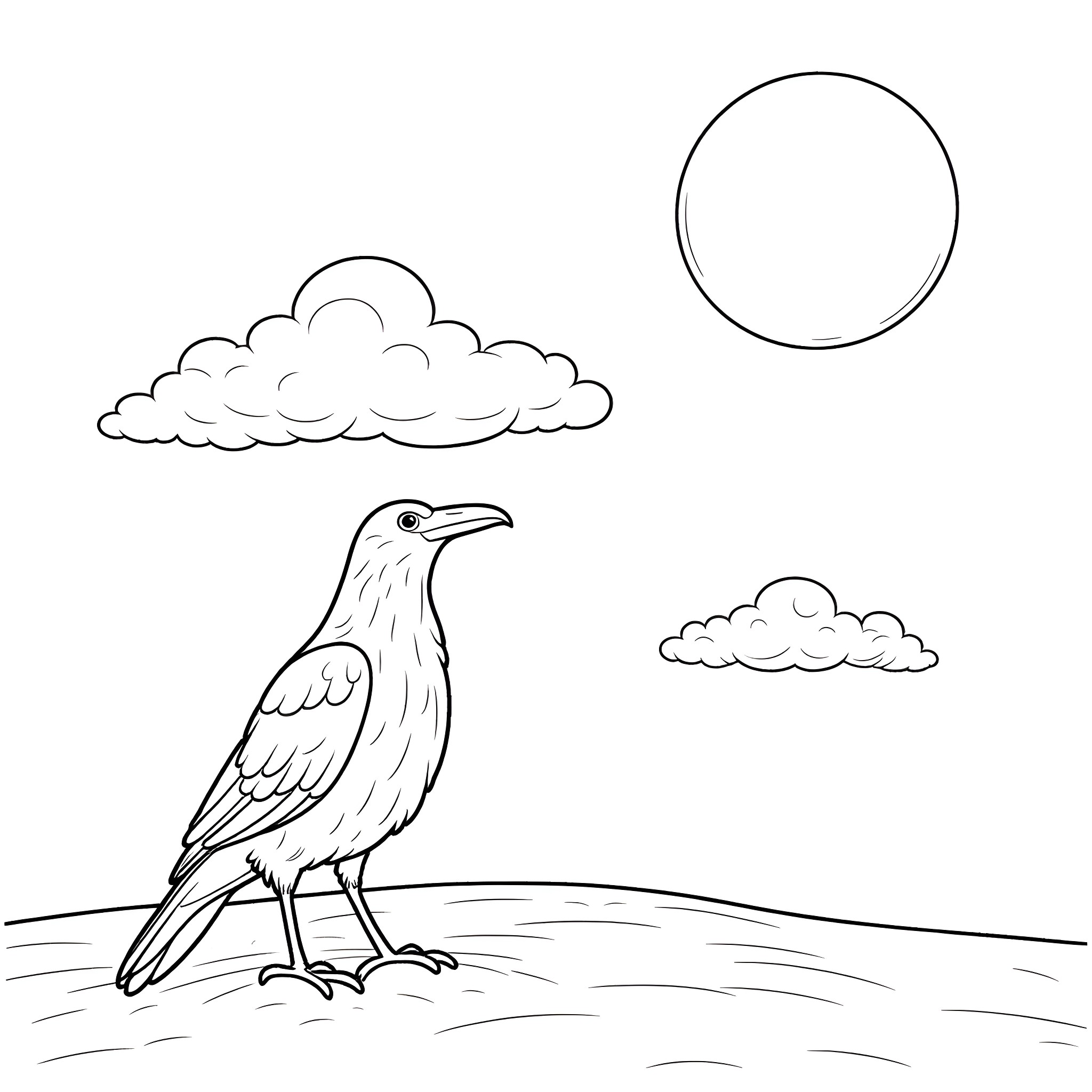 Raven perched on the ground under the cloudy sky Coloring Page (free black-and-white line drawing printable PDF for all, from beginners to advanced learners, including children, teens, adults, and seniors)