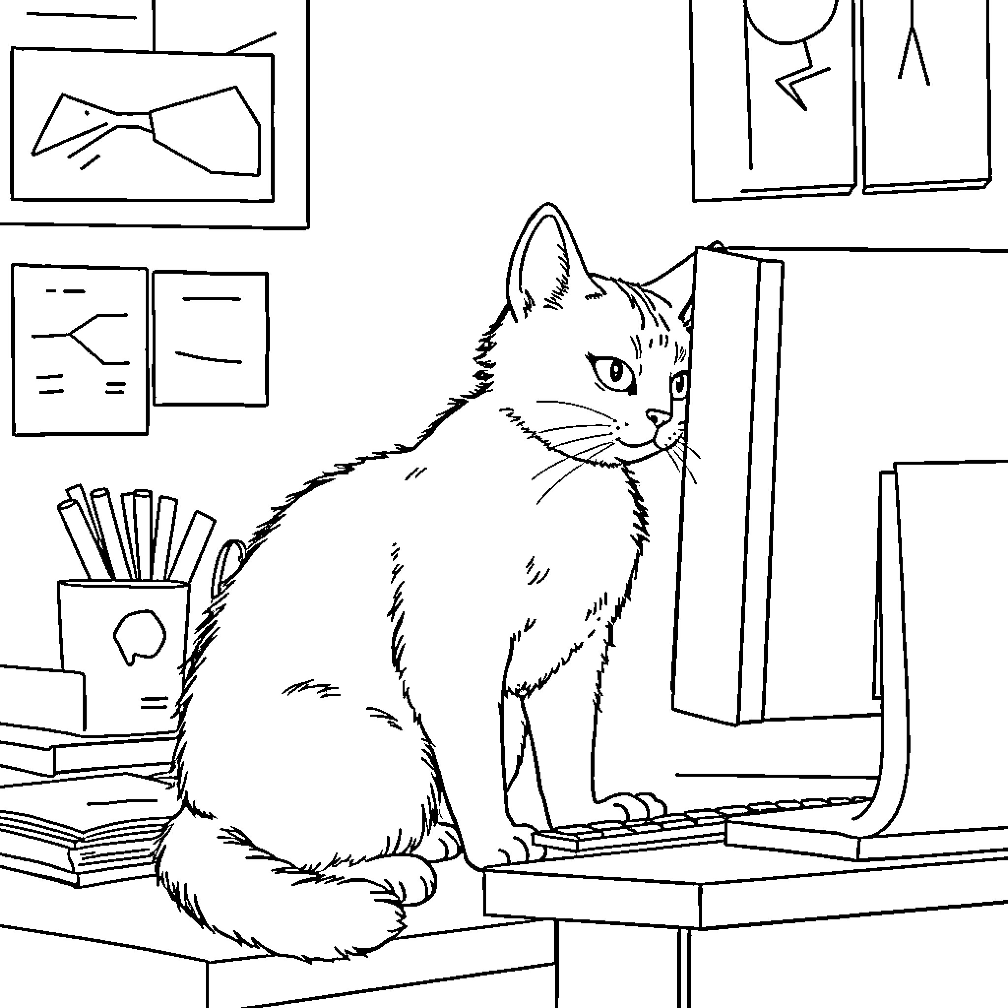 Cat sitting on desk in office Coloring Page (free black-and-white line drawing printable PDF for all, from beginners to advanced learners, including children, teens, adults, and seniors)