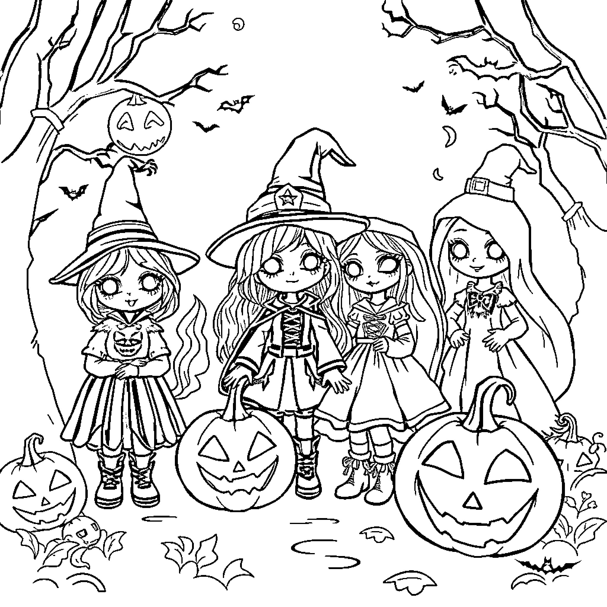 Gabby Dollhouse group in Halloween costumes Coloring Page (free black-and-white line drawing printable PDF for all, from beginners to advanced learners, including children, teens, adults, and seniors)