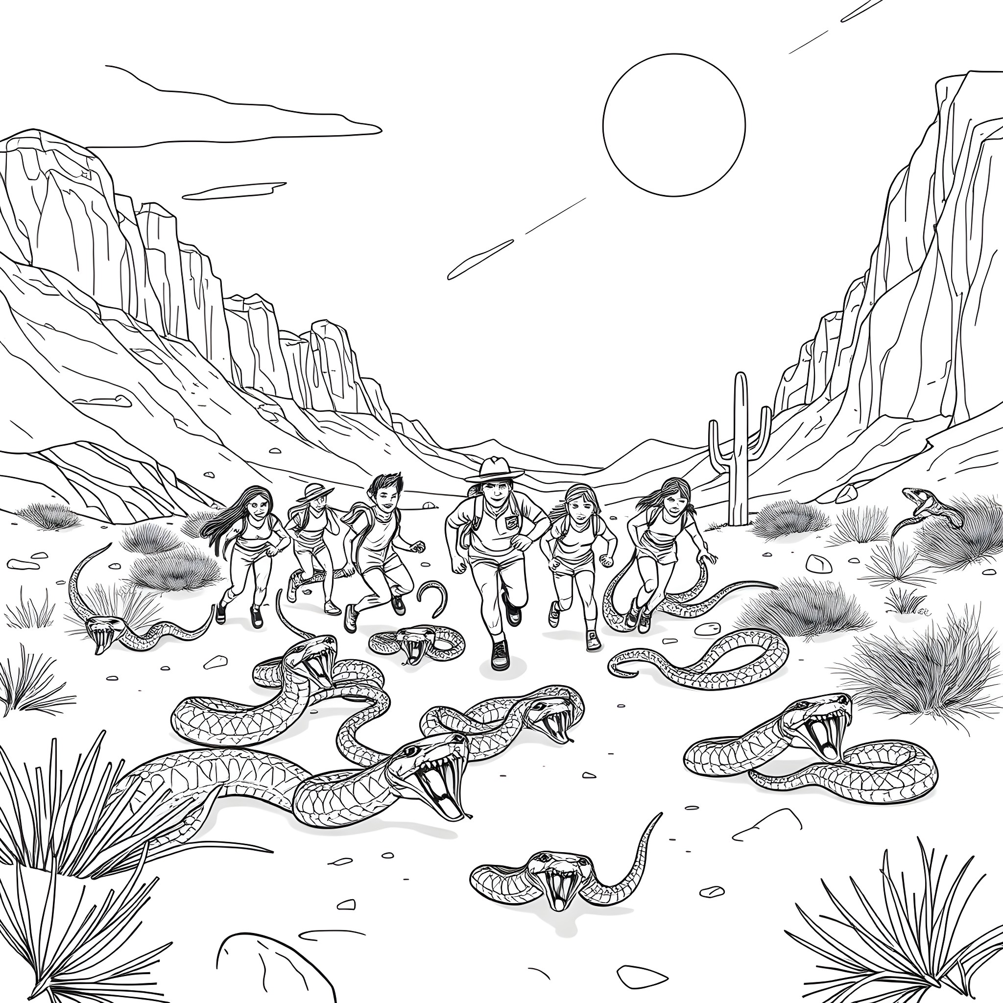 Counselor Guiding a Group Through a Desert Landscape Coloring Page (free black-and-white line drawing printable PDF for all, from beginners to advanced learners, including children, teens, adults, and seniors)