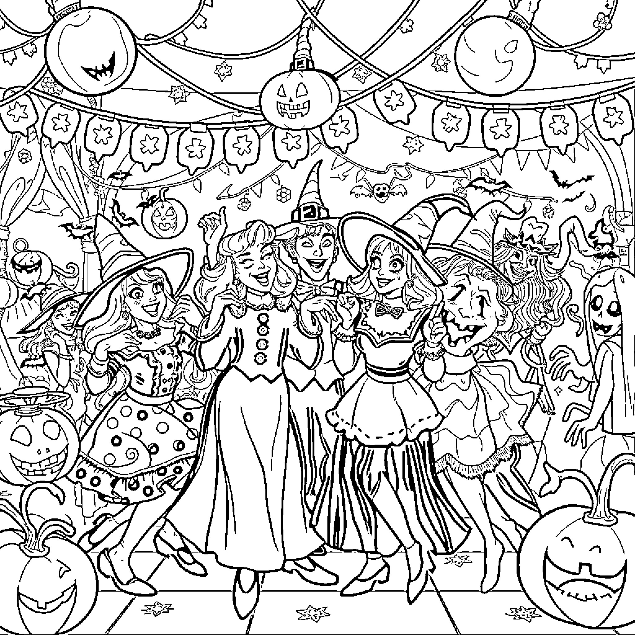 Hocus Pocus: Witches' Halloween Celebration Coloring Page (free black-and-white line drawing printable PDF for all, from beginners to advanced learners, including children, teens, adults, and seniors)
