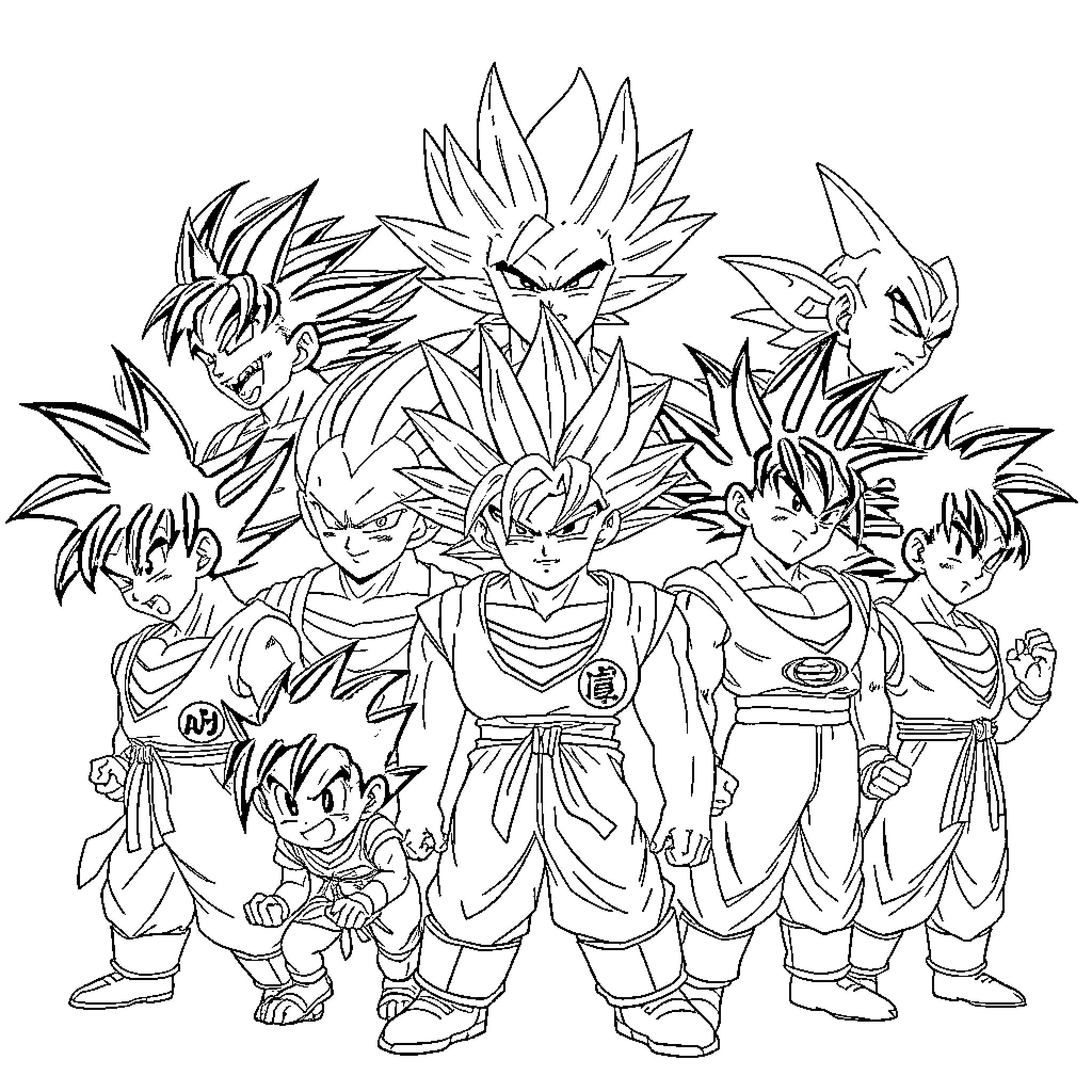 Dragon Ball Z: Characters with Varied Hairstyles and Stances Coloring Page (free black-and-white line drawing printable PDF for all, from beginners to advanced learners, including children, teens, adults, and seniors)