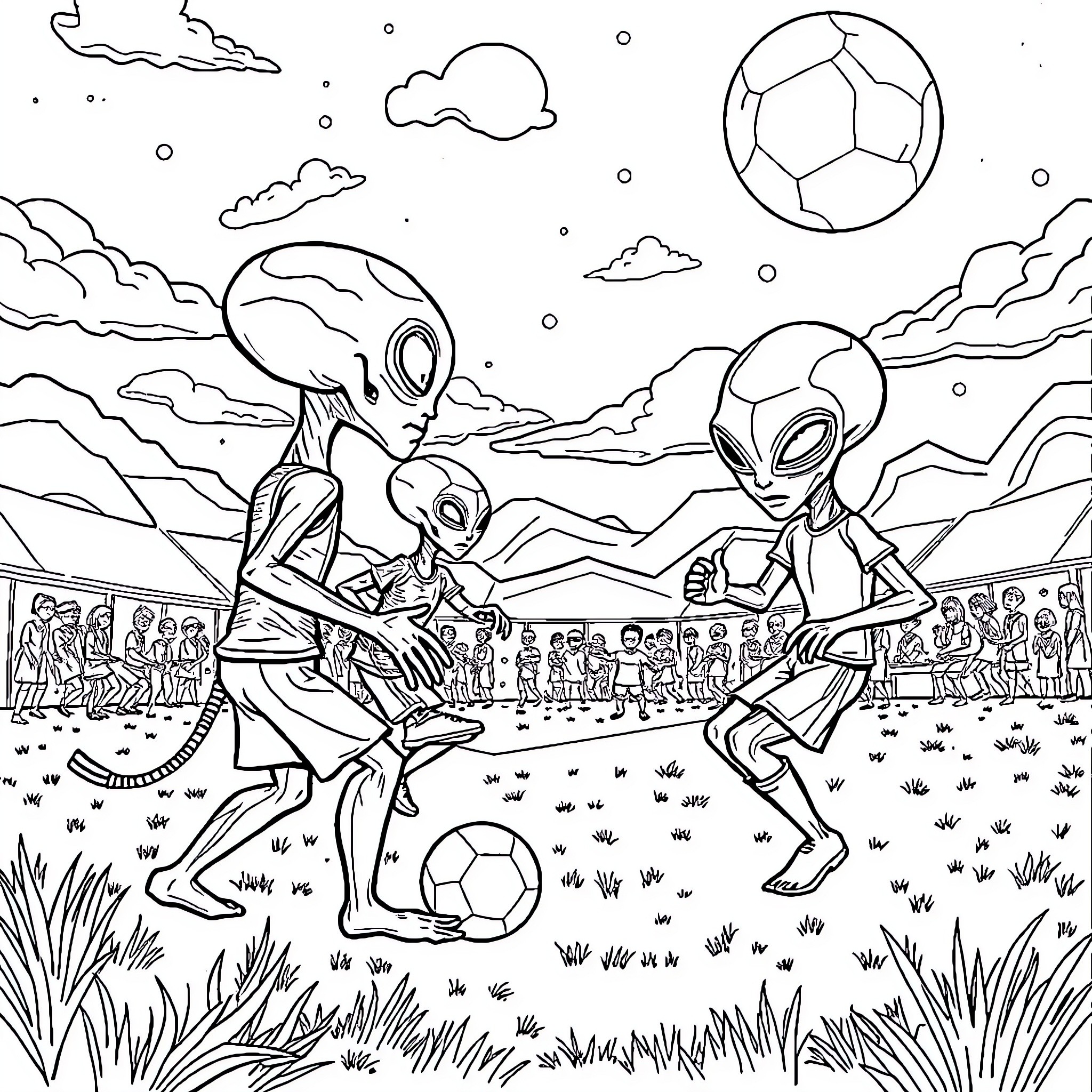 Extraterrestrial soccer match in the countryside Coloring Page (free black-and-white line drawing printable PDF for all, from beginners to advanced learners, including children, teens, adults, and seniors)