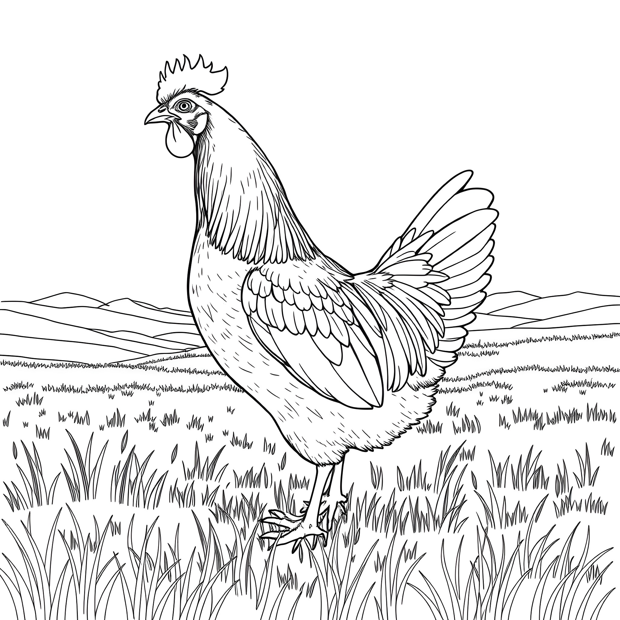 Hen in a Grassy Field Coloring Page (free black-and-white line drawing printable PDF for all, from beginners to advanced learners, including children, teens, adults, and seniors)