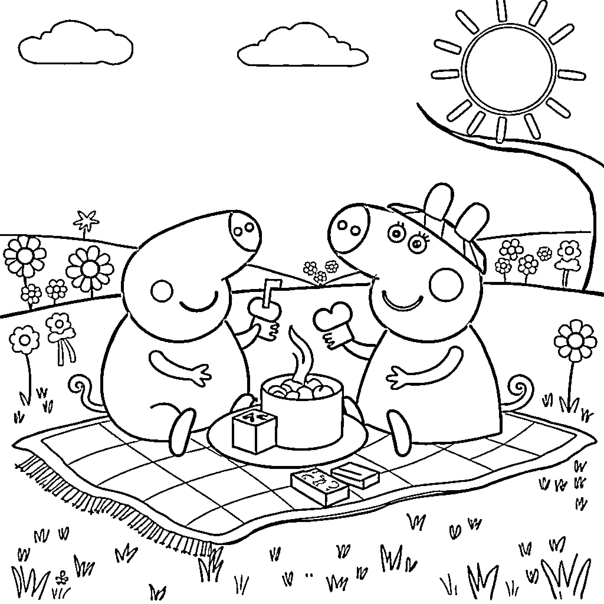 Numberblocks enjoying a picnic in the countryside Coloring Page (free black-and-white line drawing printable PDF for all, from beginners to advanced learners, including children, teens, adults, and seniors)