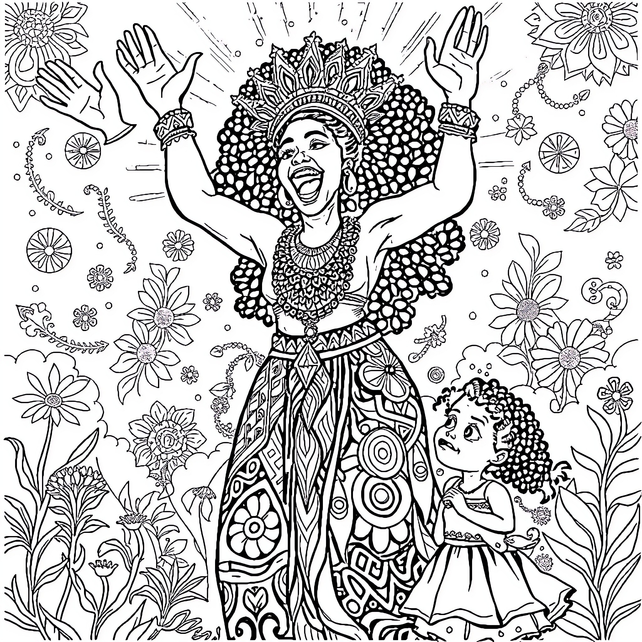 Queen Celebrates with Joy and Flowers Coloring Page (free black-and-white line drawing printable PDF for all, from beginners to advanced learners, including children, teens, adults, and seniors)