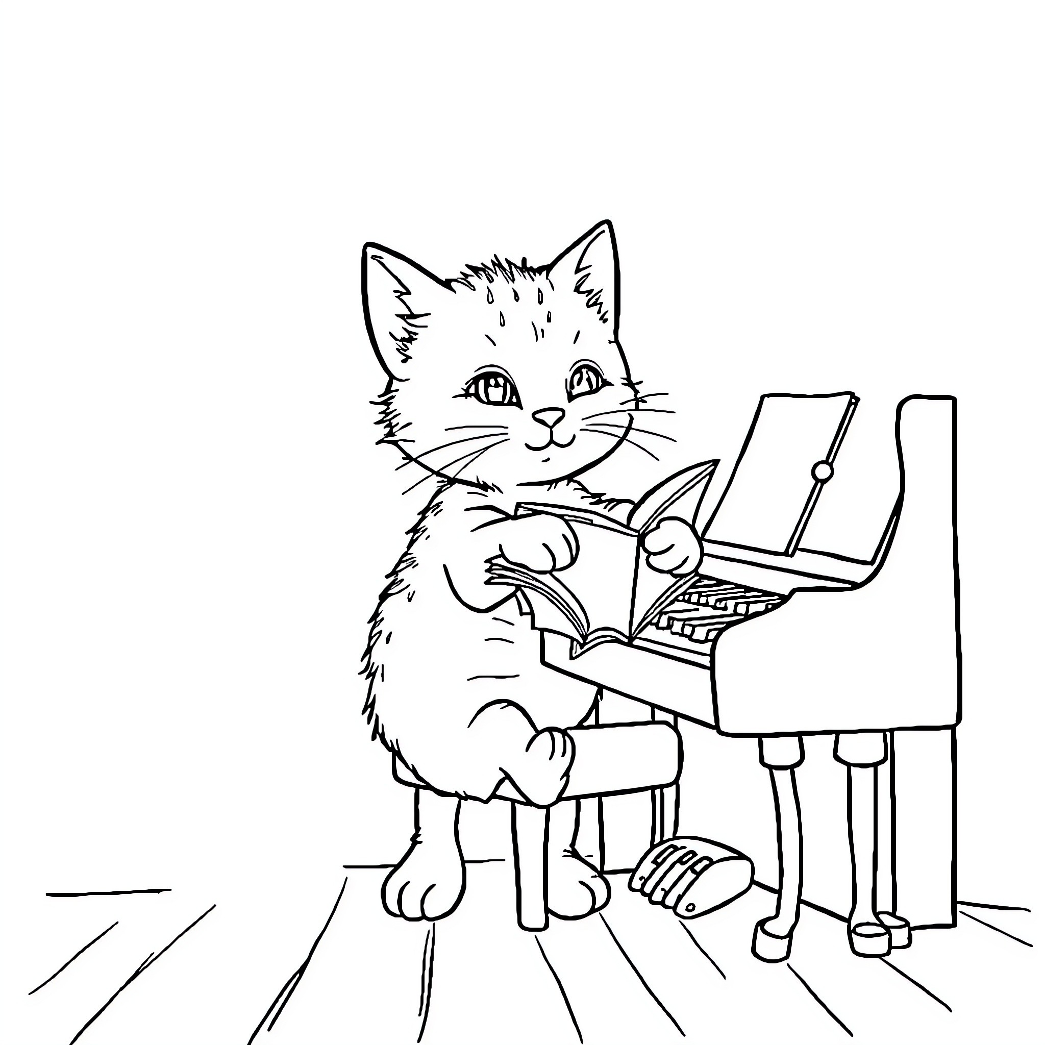 Kitten Playing on Piano Coloring Page (free black-and-white line drawing printable PDF for all, from beginners to advanced learners, including children, teens, adults, and seniors)