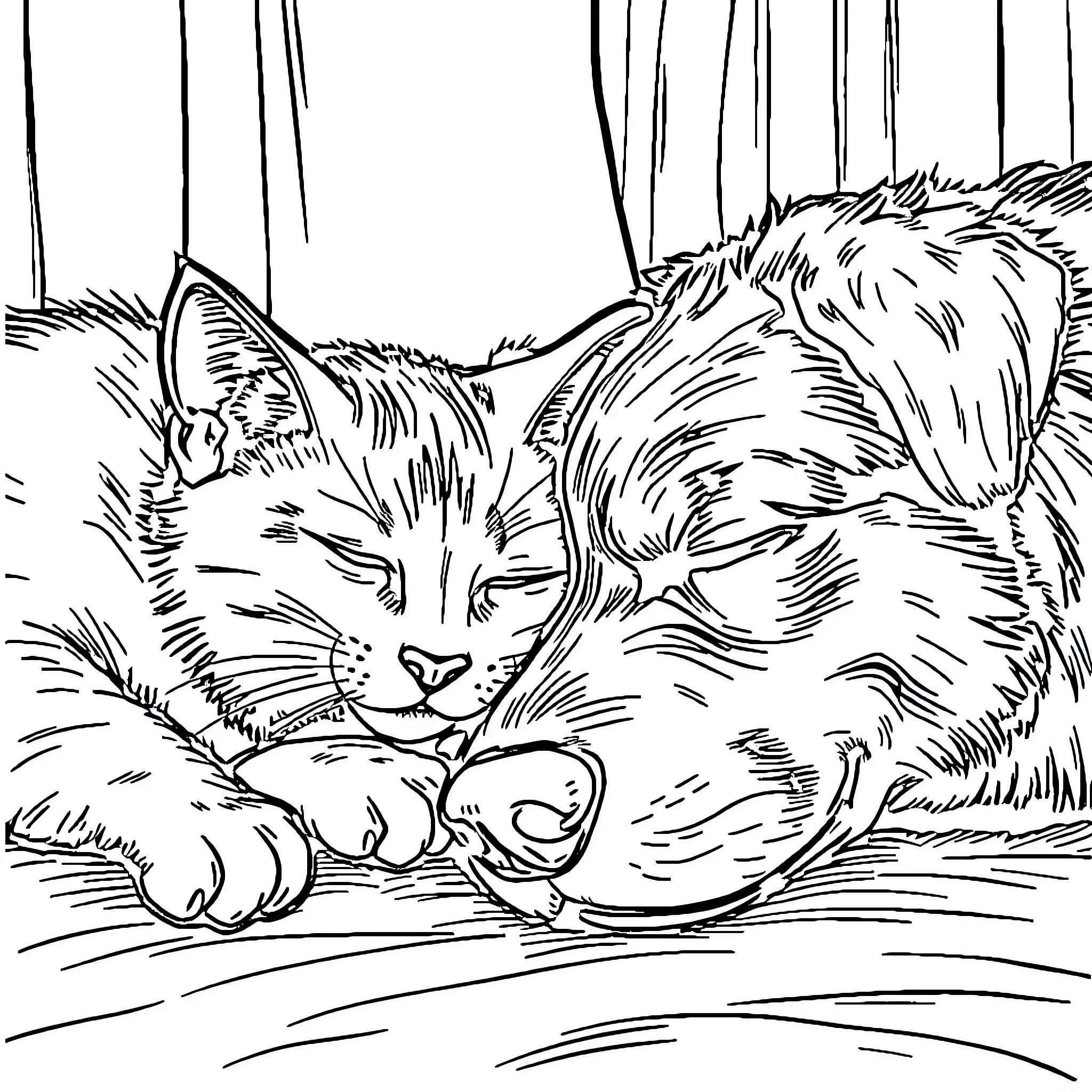 Cat resting peacefully in the forest Coloring Page (free black-and-white line drawing printable PDF for all, from beginners to advanced learners, including children, teens, adults, and seniors)