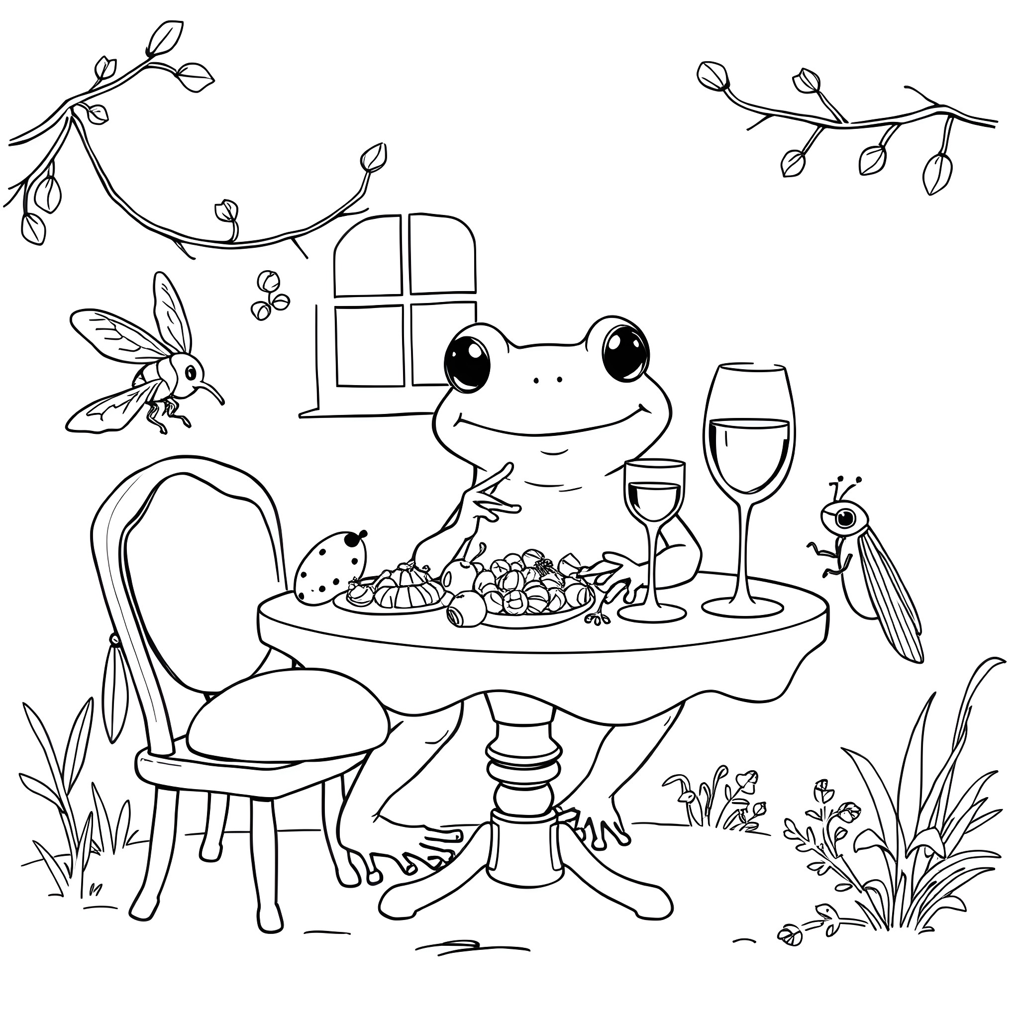 Frog enjoying a cozy meal in a quaint setting Coloring Page (free black-and-white line drawing printable PDF for all, from beginners to advanced learners, including children, teens, adults, and seniors)