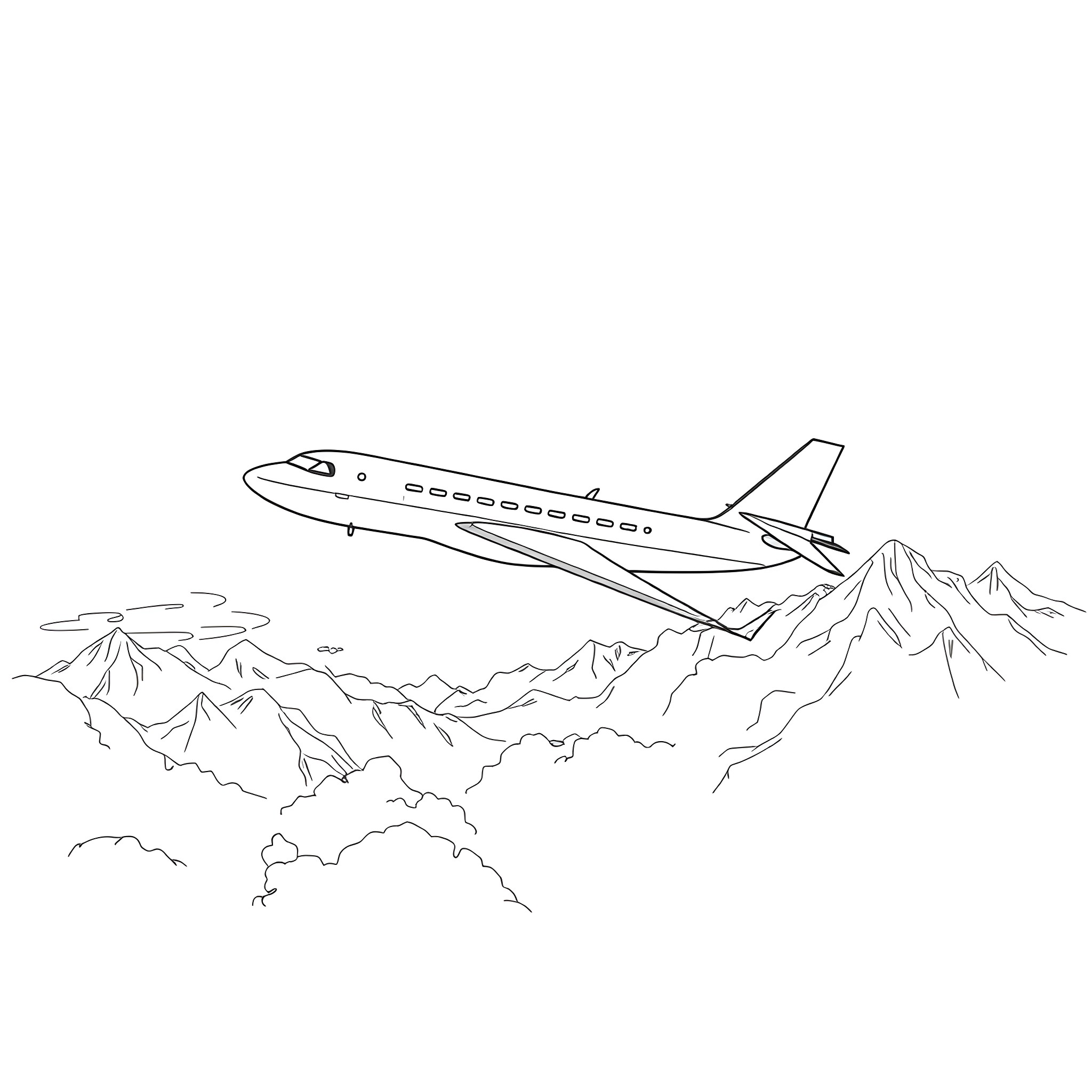 Plane soaring over rugged mountain landscape Coloring Page (free black-and-white line drawing printable PDF for all, from beginners to advanced learners, including children, teens, adults, and seniors)