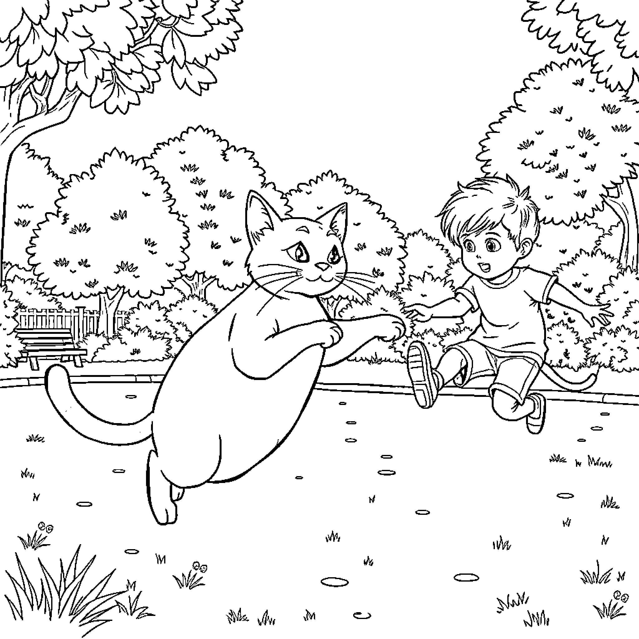 Gato and child playing joyfully in the garden Coloring Page (free black-and-white line drawing printable PDF for all, from beginners to advanced learners, including children, teens, adults, and seniors)