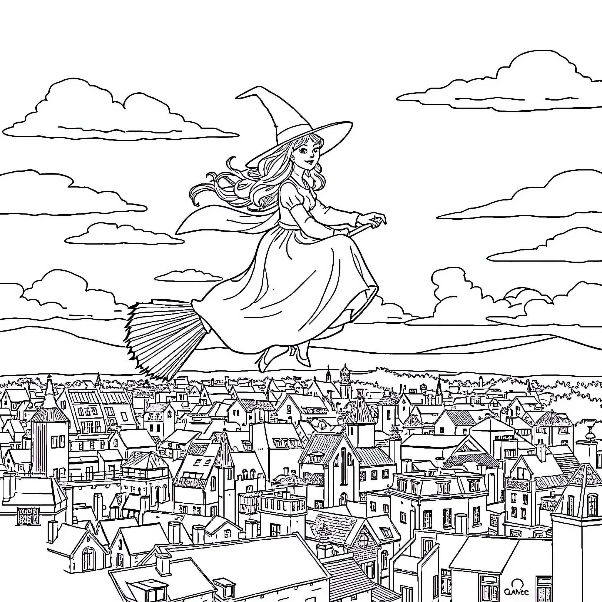 Glinda's magical journey over the city Coloring Page (free black-and-white line drawing printable PDF for all, from beginners to advanced learners, including children, teens, adults, and seniors)
