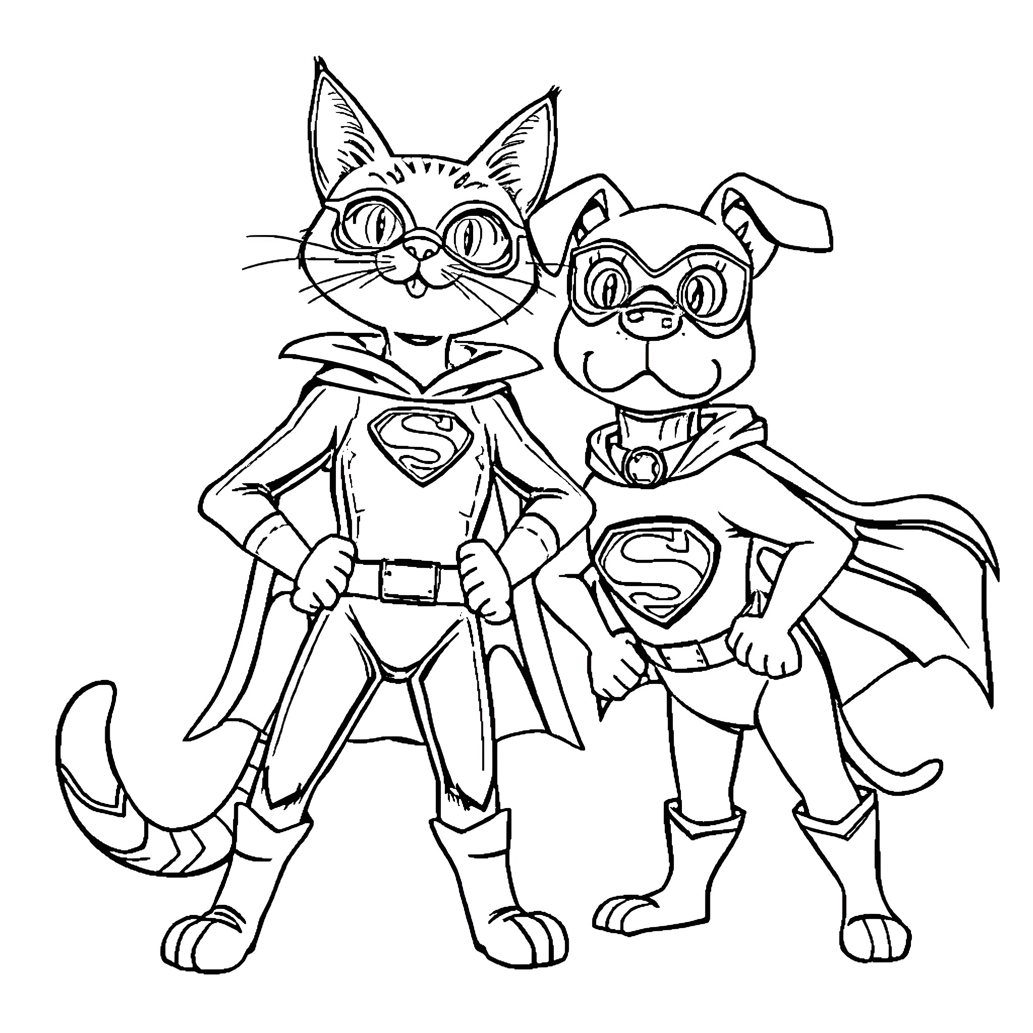 Cat and dog superhero duo Coloring Page (free black-and-white line drawing printable PDF for all, from beginners to advanced learners, including children, teens, adults, and seniors)