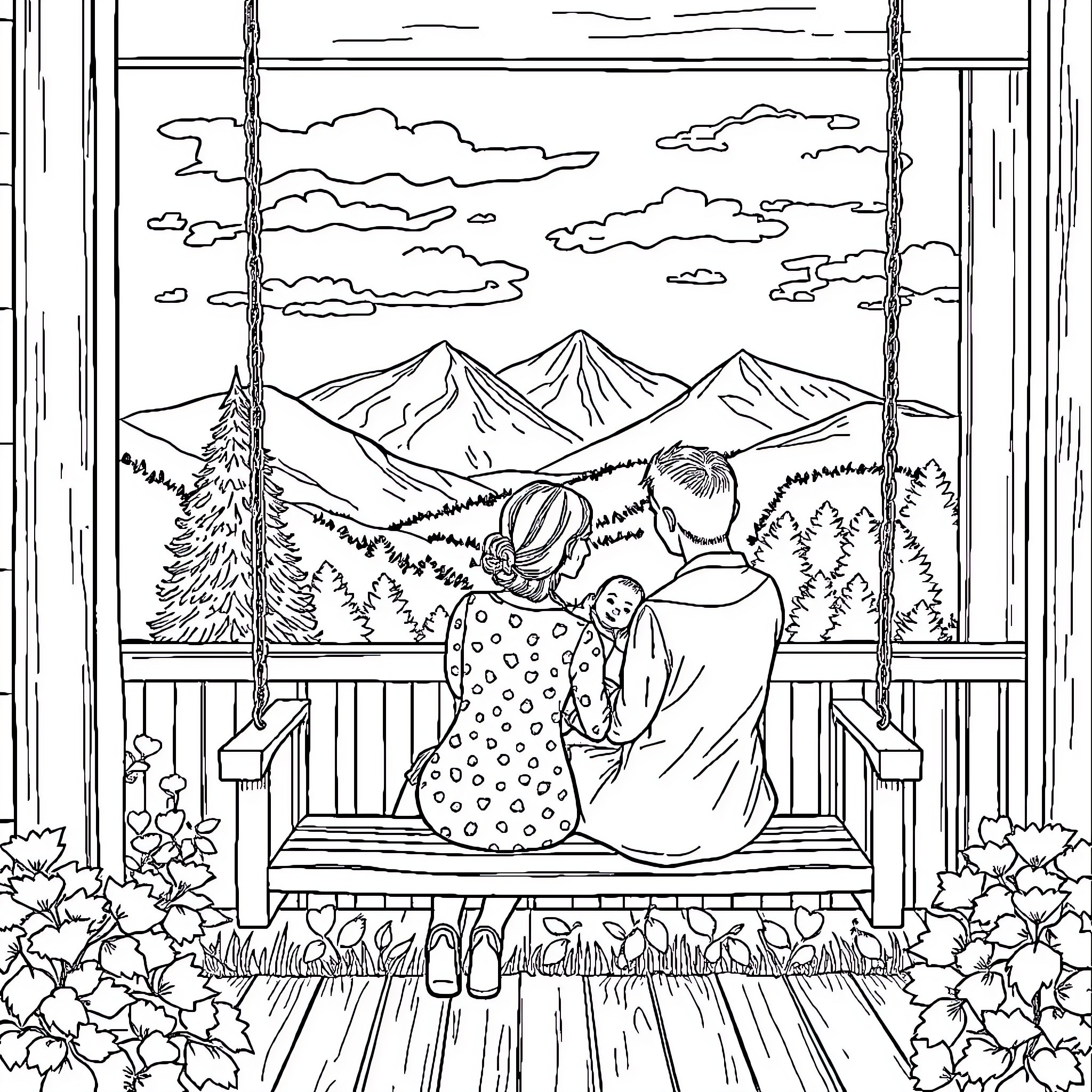 Couple enjoying scenic mountain view from porch Coloring Page (free black-and-white line drawing printable PDF for all, from beginners to advanced learners, including children, teens, adults, and seniors)
