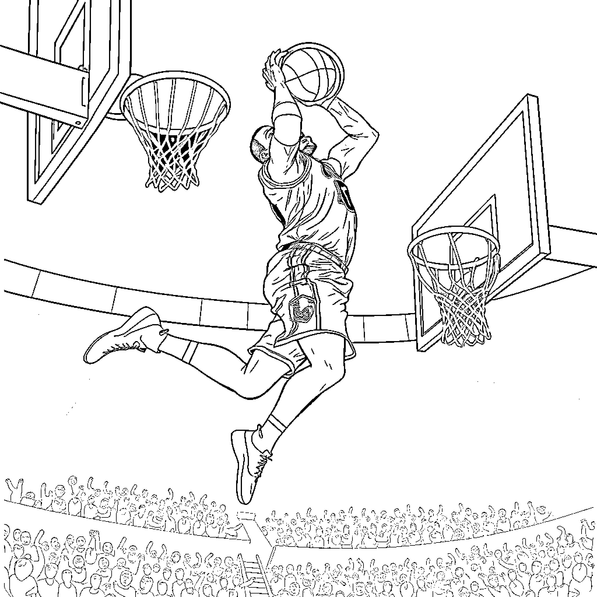 LeBron James dunking on the basketball court Coloring Page (free black-and-white line drawing printable PDF for all, from beginners to advanced learners, including children, teens, adults, and seniors)