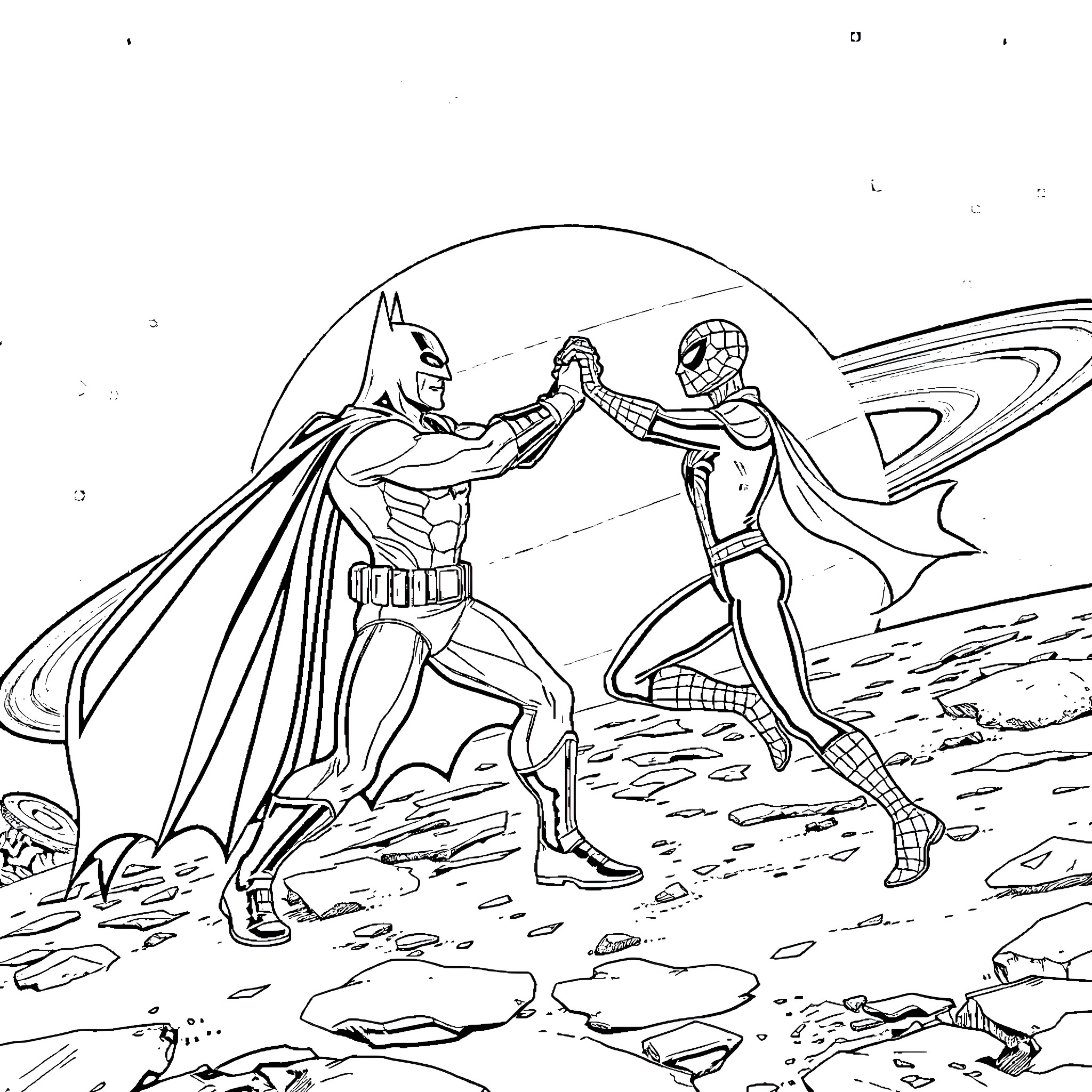Batman and Spider-Man shake hands in heroic encounter Coloring Page (free black-and-white line drawing printable PDF for all, from beginners to advanced learners, including children, teens, adults, and seniors)