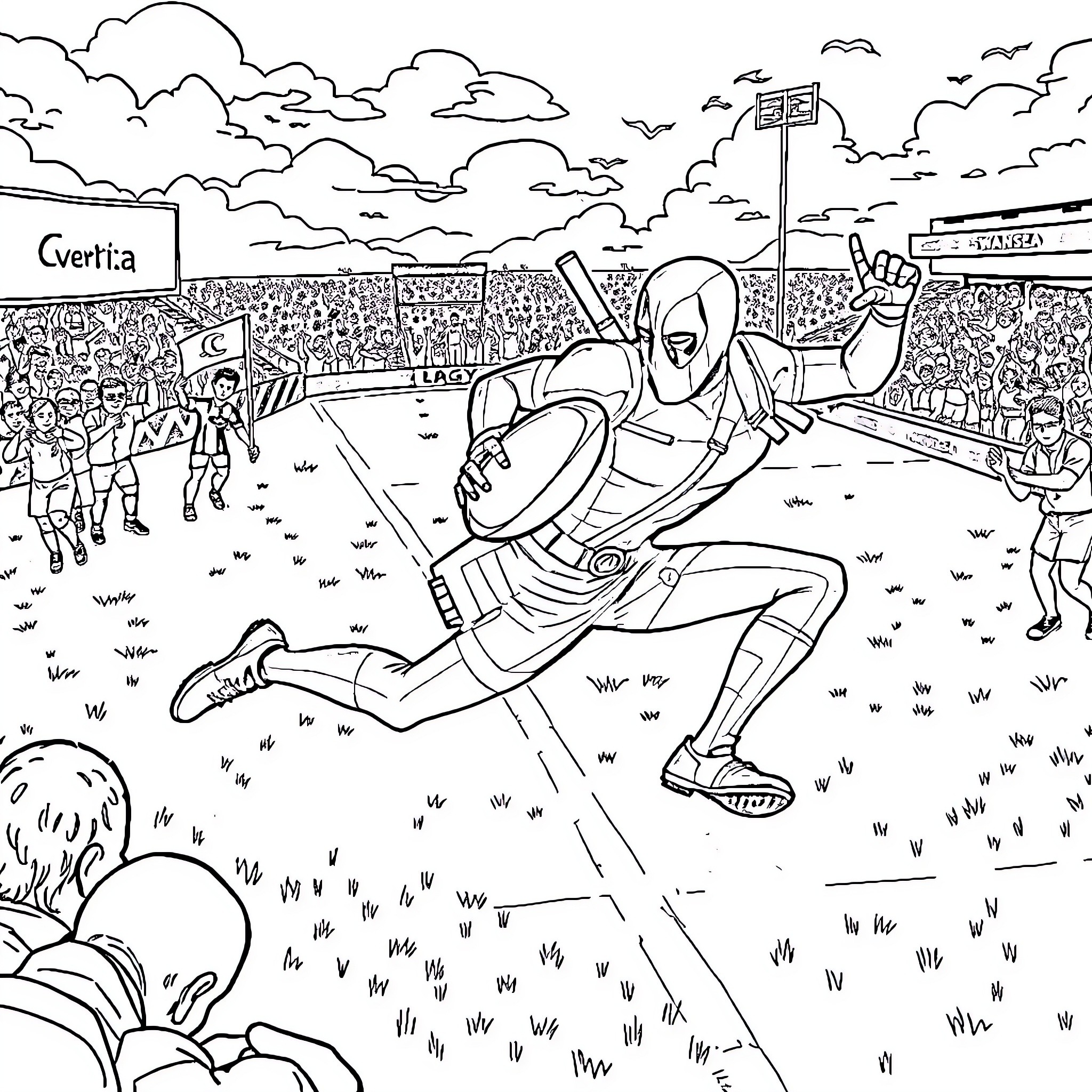 Deadpool's Thrilling Sports Adventure in the Stadium Coloring Page (free black-and-white line drawing printable PDF for all, from beginners to advanced learners, including children, teens, adults, and seniors)