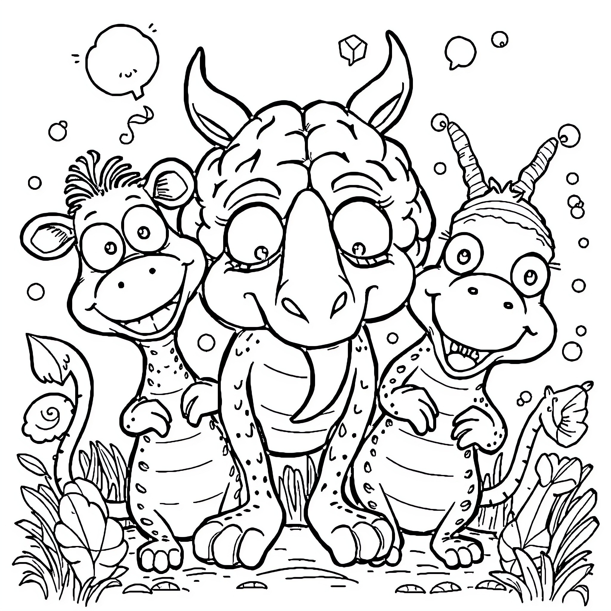 Animal friends having a playful adventure Coloring Page (free black-and-white line drawing printable PDF for all, from beginners to advanced learners, including children, teens, adults, and seniors)