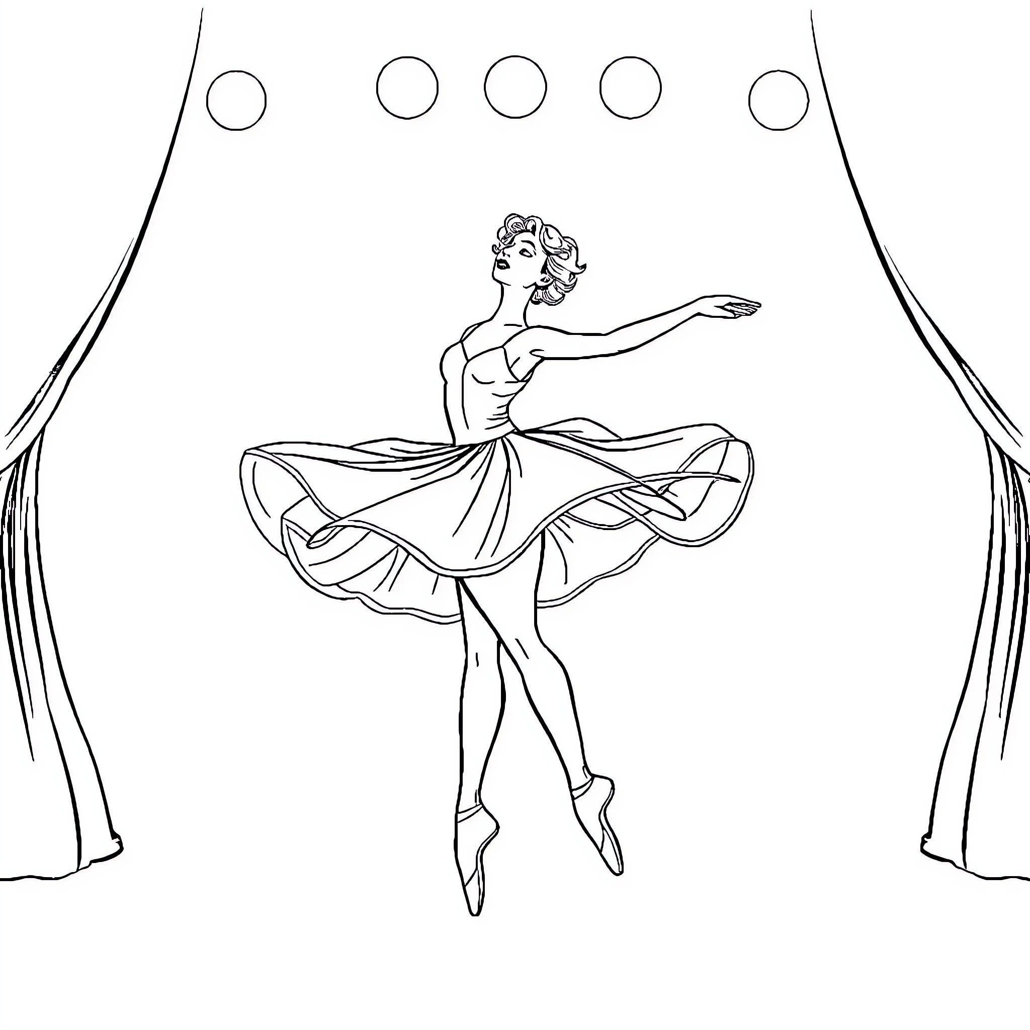 Ballerina gracefully performing on stage Coloring Page (free black-and-white line drawing printable PDF for all, from beginners to advanced learners, including children, teens, adults, and seniors)