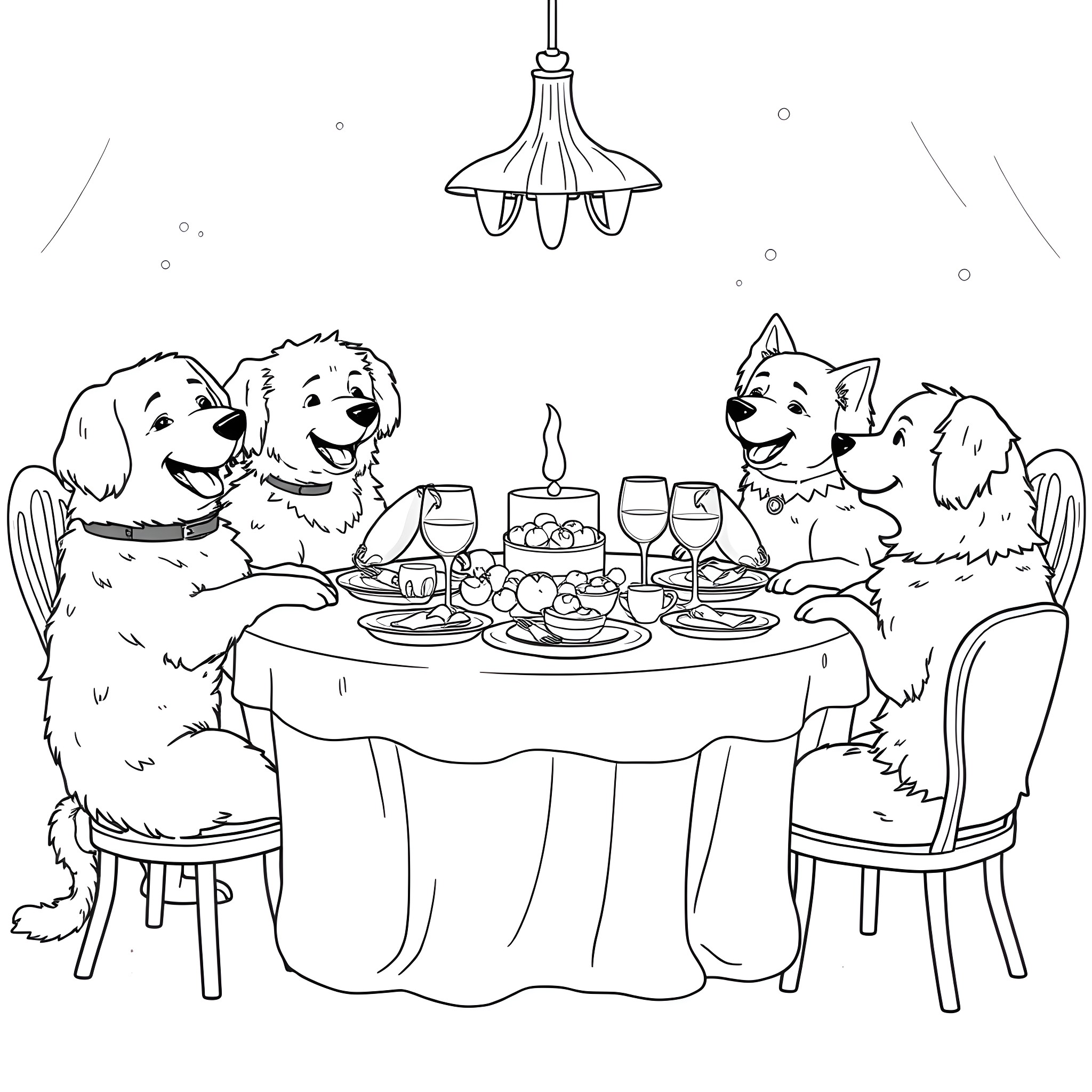 Dogs Enjoying a Delightful Meal Together Coloring Page (free black-and-white line drawing printable PDF for all, from beginners to advanced learners, including children, teens, adults, and seniors)