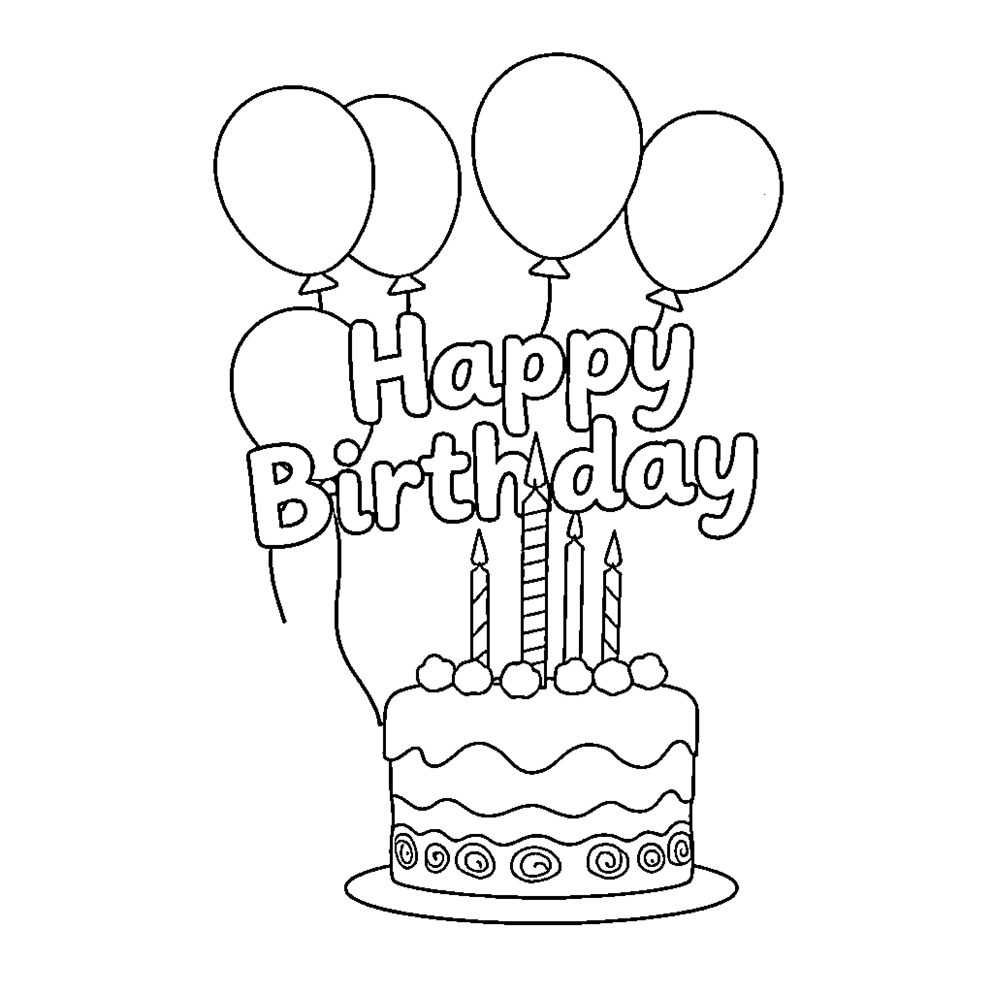Birthday Card with Cake and Balloons Coloring Page (free black-and-white line drawing printable PDF for all, from beginners to advanced learners, including children, teens, adults, and seniors)