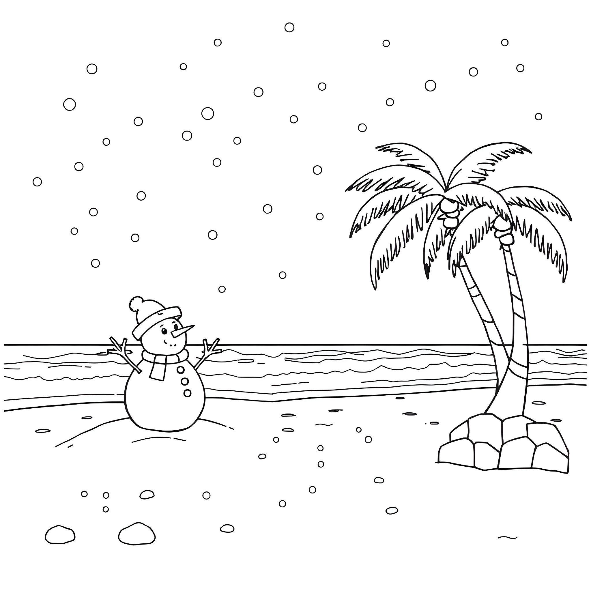 Town snowman enjoying winter beach vacation Coloring Page (free black-and-white line drawing printable PDF for all, from beginners to advanced learners, including children, teens, adults, and seniors)