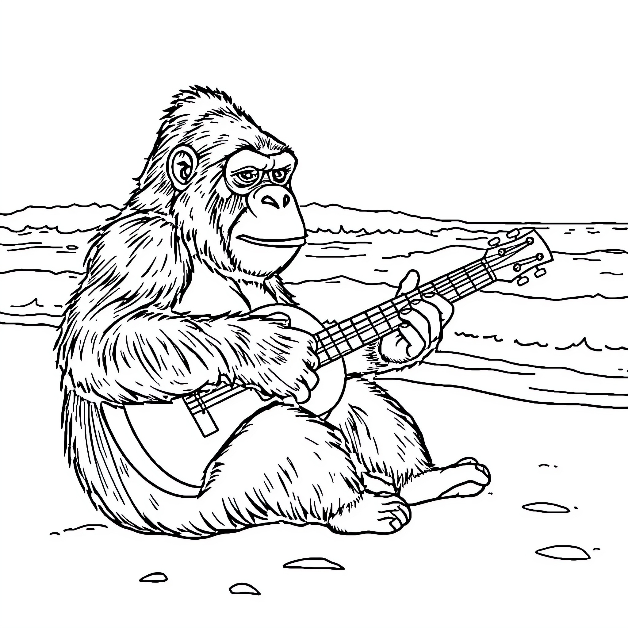 Gorilla playing guitar on the beach Coloring Page (free black-and-white line drawing printable PDF for all, from beginners to advanced learners, including children, teens, adults, and seniors)