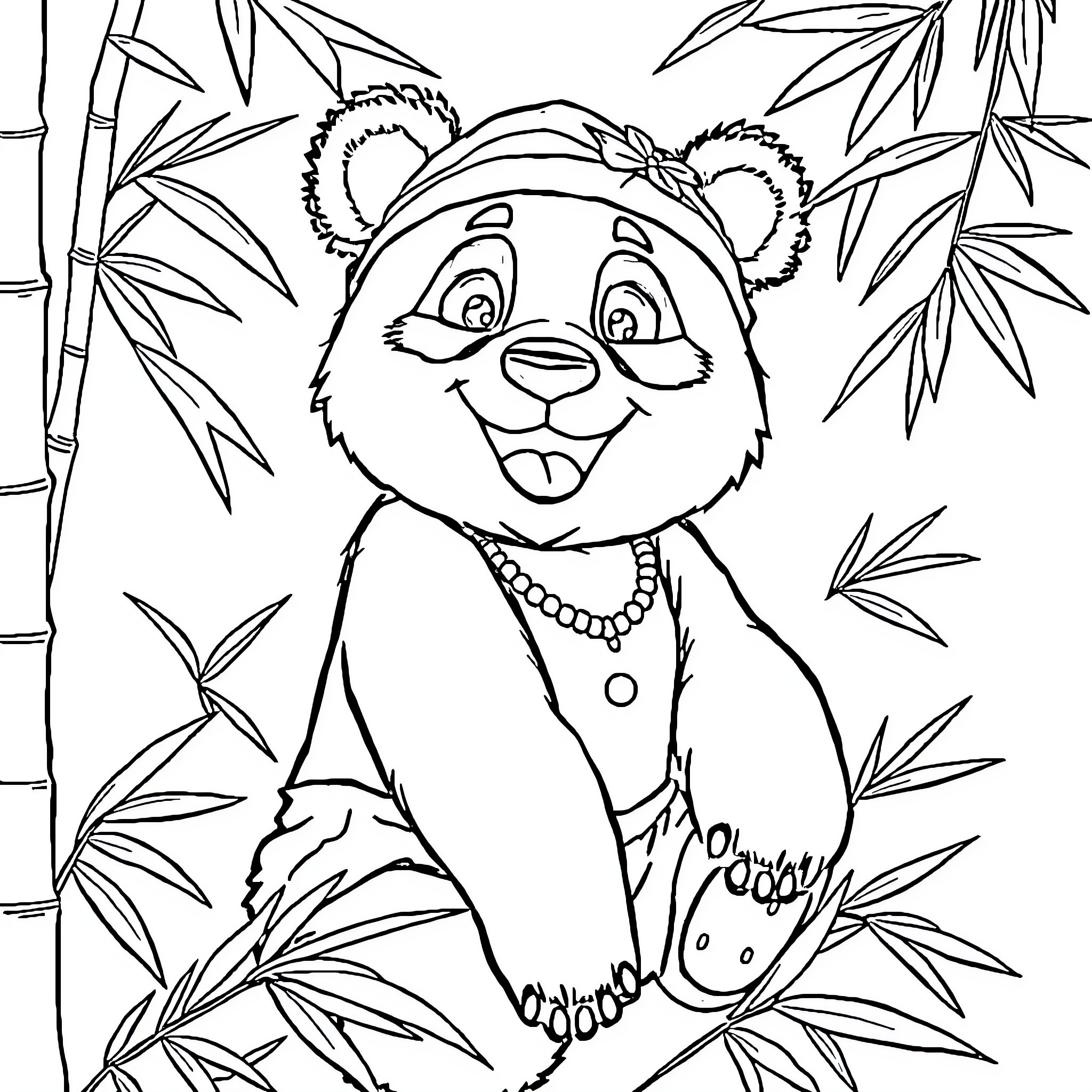 Panda posing happily among bamboo leaves Coloring Page (free black-and-white line drawing printable PDF for all, from beginners to advanced learners, including children, teens, adults, and seniors)