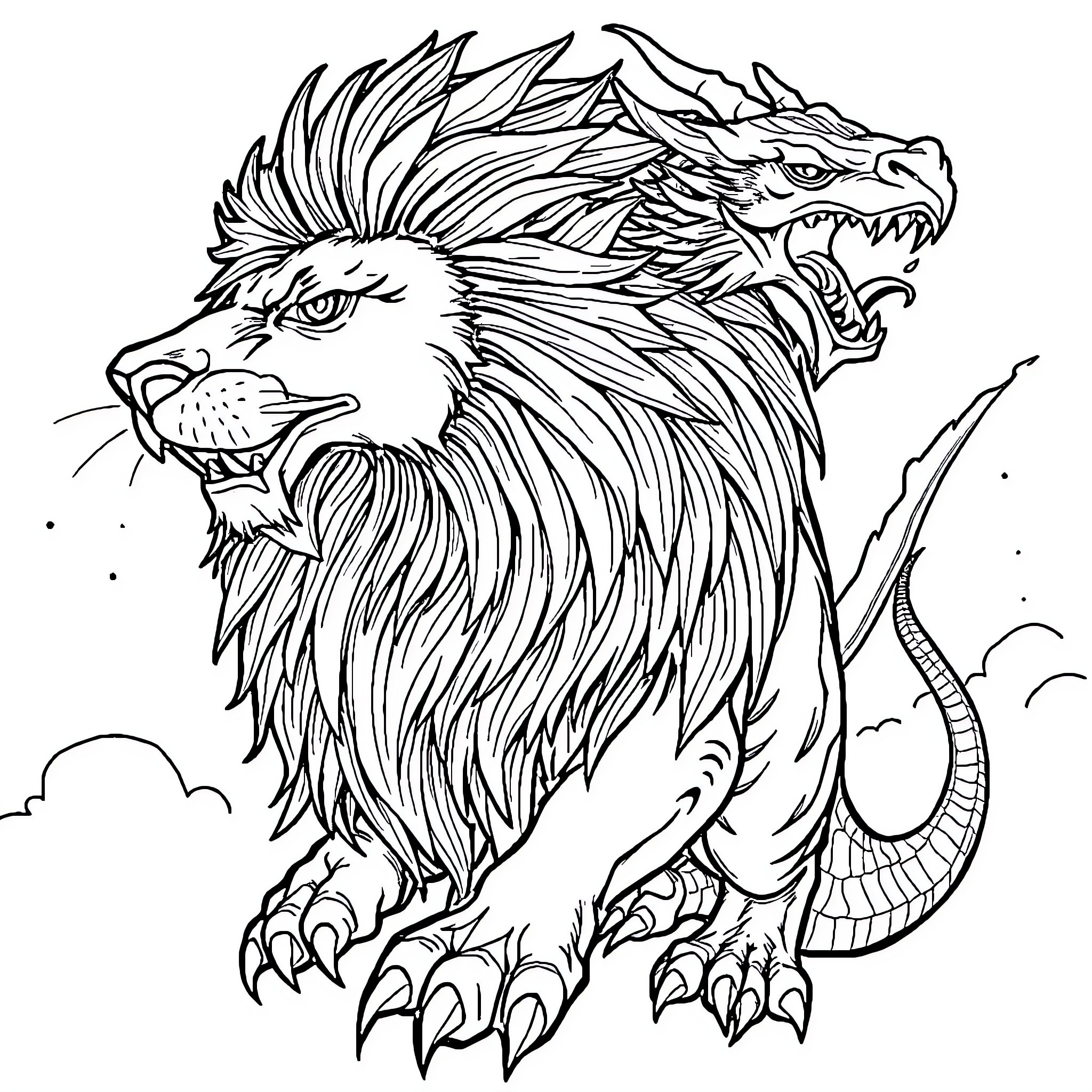 Creature with fierce dragon-like features Coloring Page (free black-and-white line drawing printable PDF for all, from beginners to advanced learners, including children, teens, adults, and seniors)
