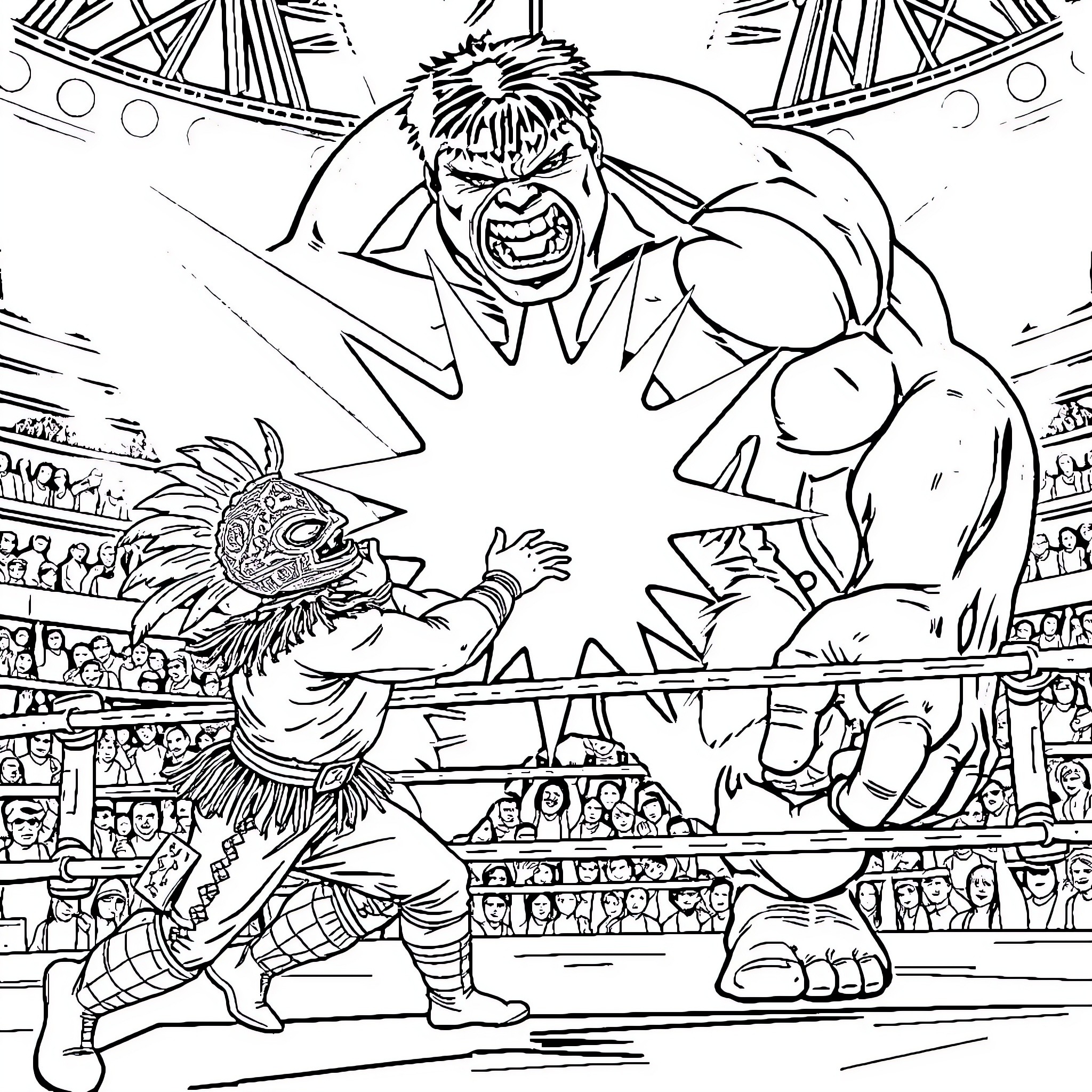 Luchadore wrestlers in fierce combat Coloring Page (free black-and-white line drawing printable PDF for all, from beginners to advanced learners, including children, teens, adults, and seniors)