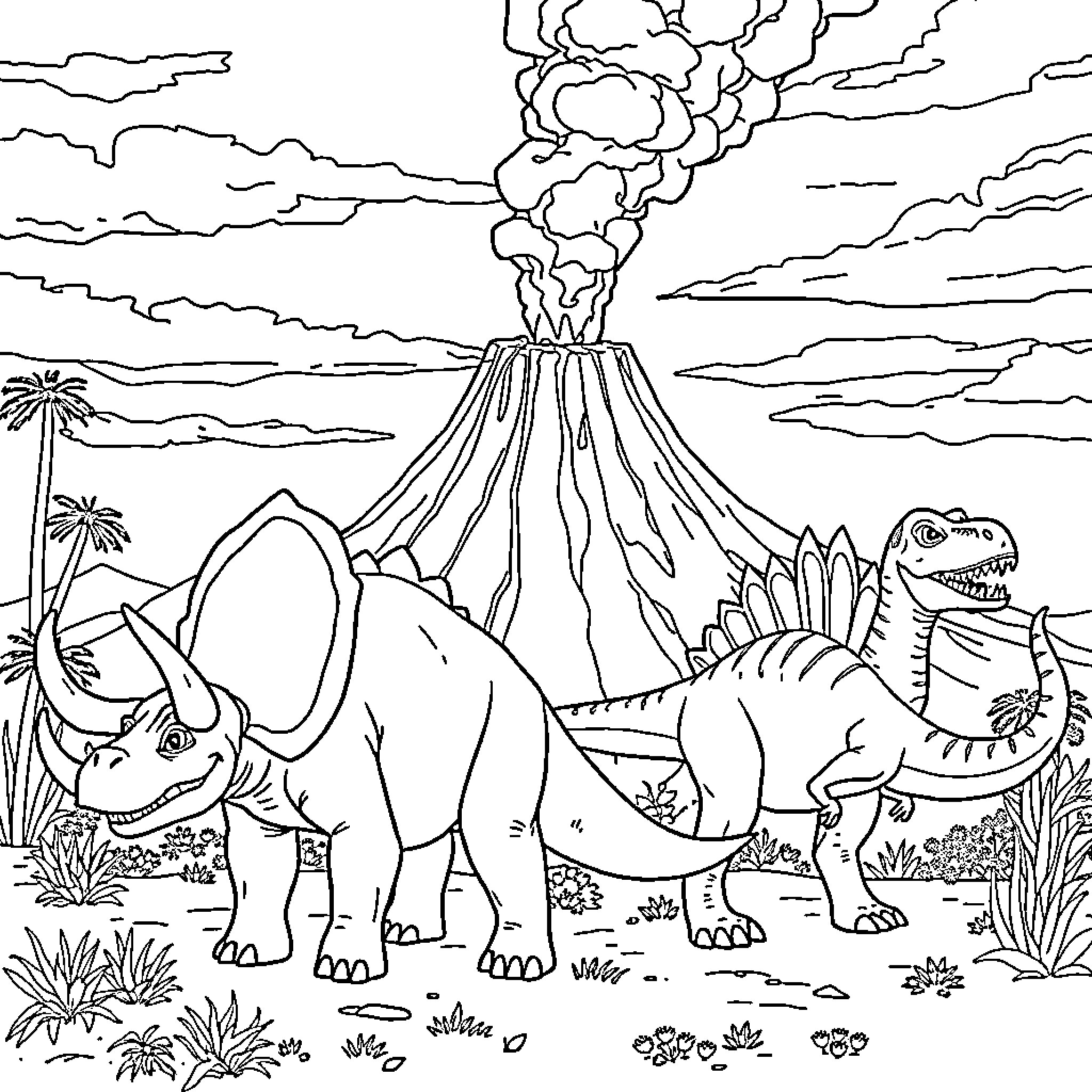 Dinosaurs in a Prehistoric Landscape Coloring Page (free black-and-white line drawing printable PDF for all, from beginners to advanced learners, including children, teens, adults, and seniors)