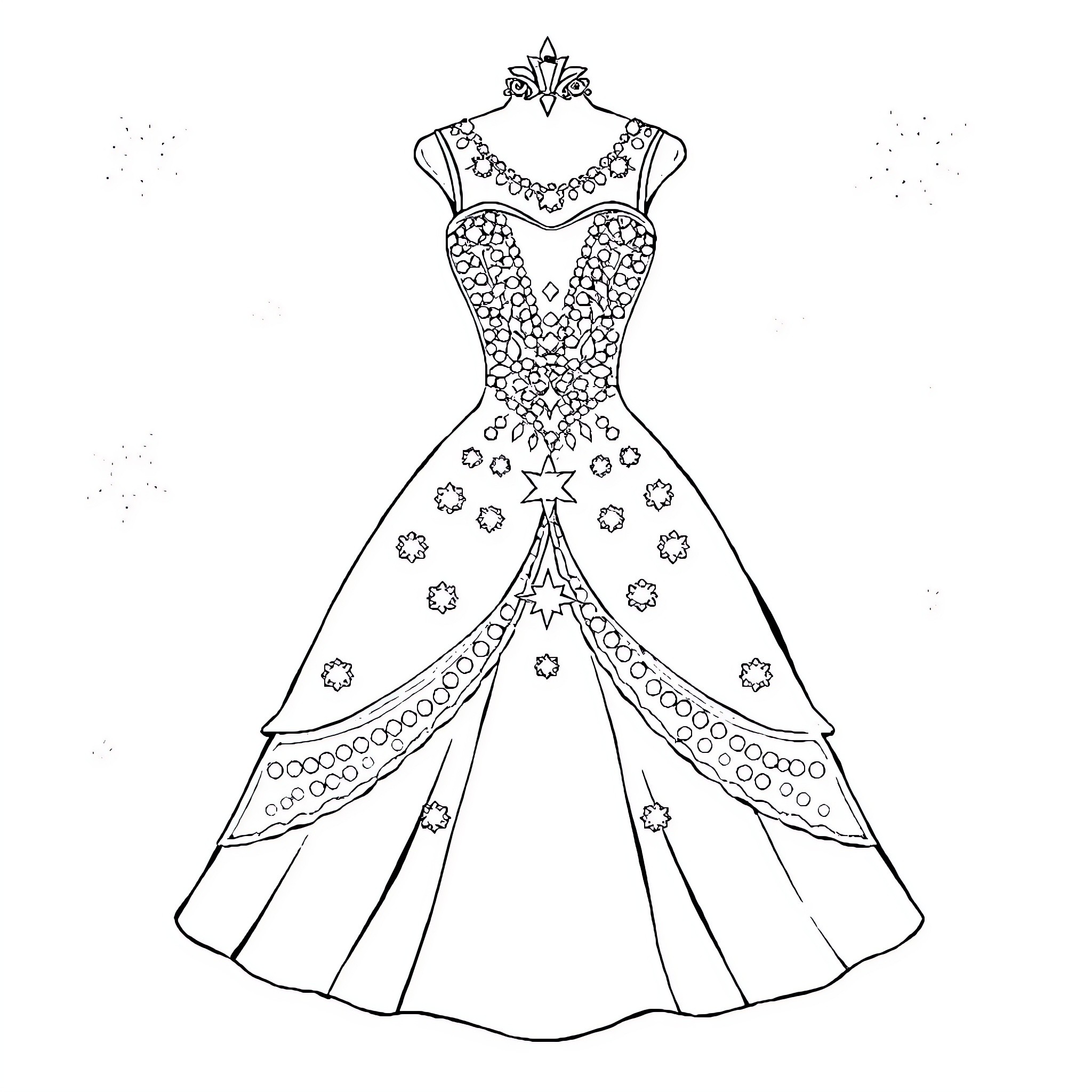 Princess in Elegant Floral Gown Coloring Page (free black-and-white line drawing printable PDF for all, from beginners to advanced learners, including children, teens, adults, and seniors)