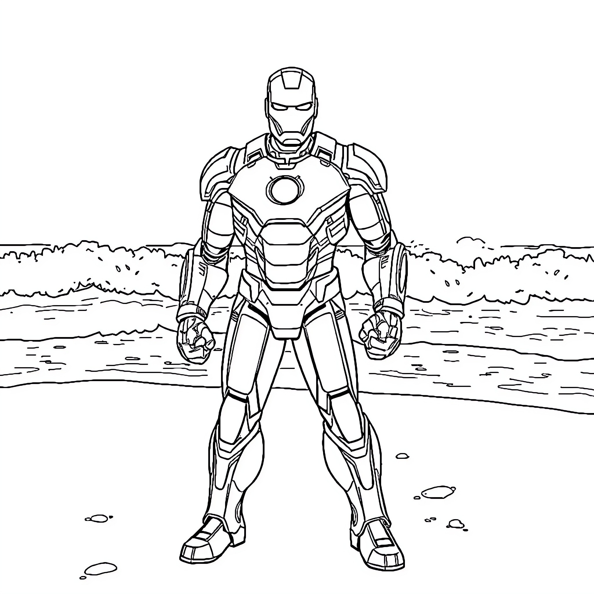 Iron Man in Action Pose on a Coastal Landscape Coloring Page (free black-and-white line drawing printable PDF for all, from beginners to advanced learners, including children, teens, adults, and seniors)