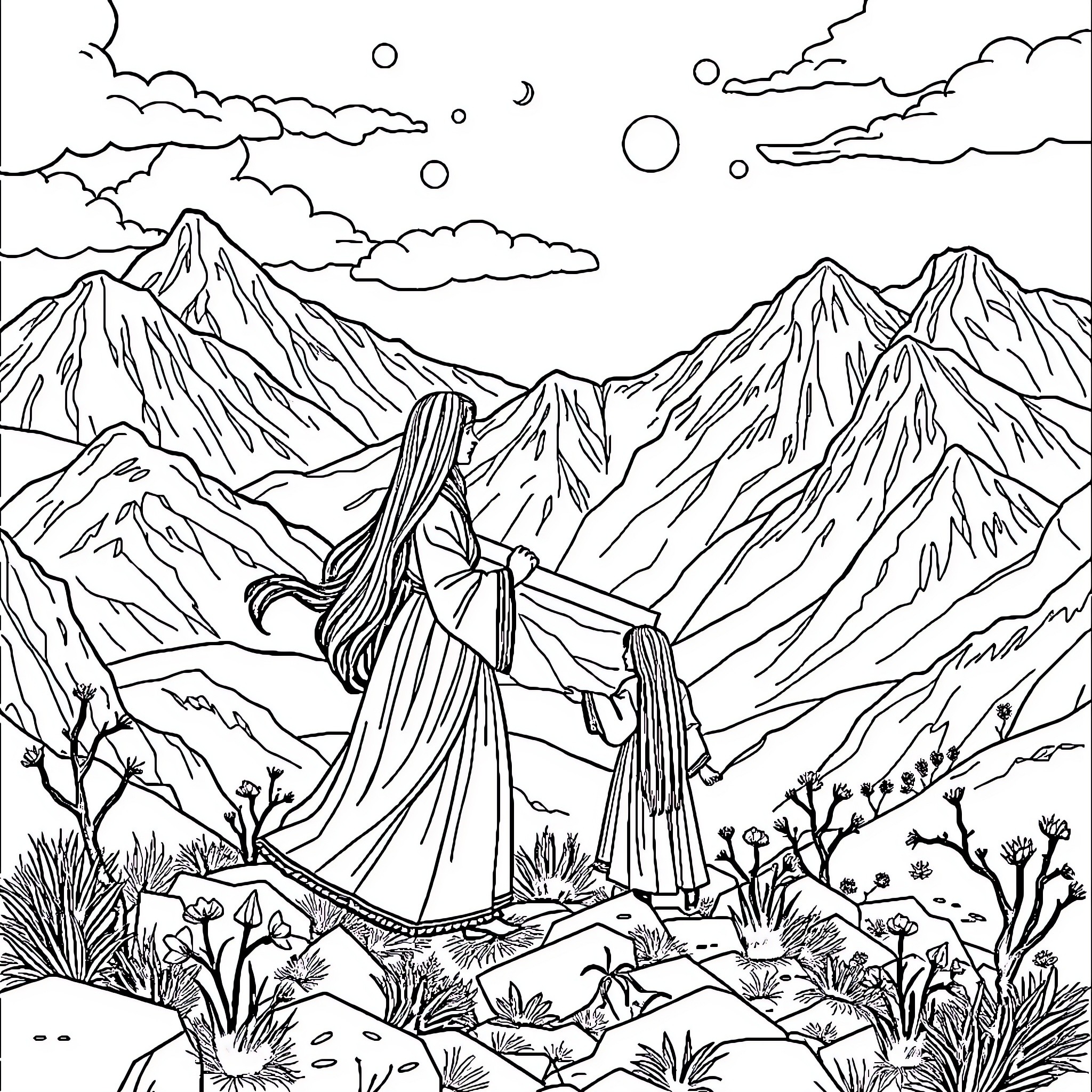 Mêm u Zin: Figures in traditional attire amidst mountainous landscape Coloring Page (free black-and-white line drawing printable PDF for all, from beginners to advanced learners, including children, teens, adults, and seniors)