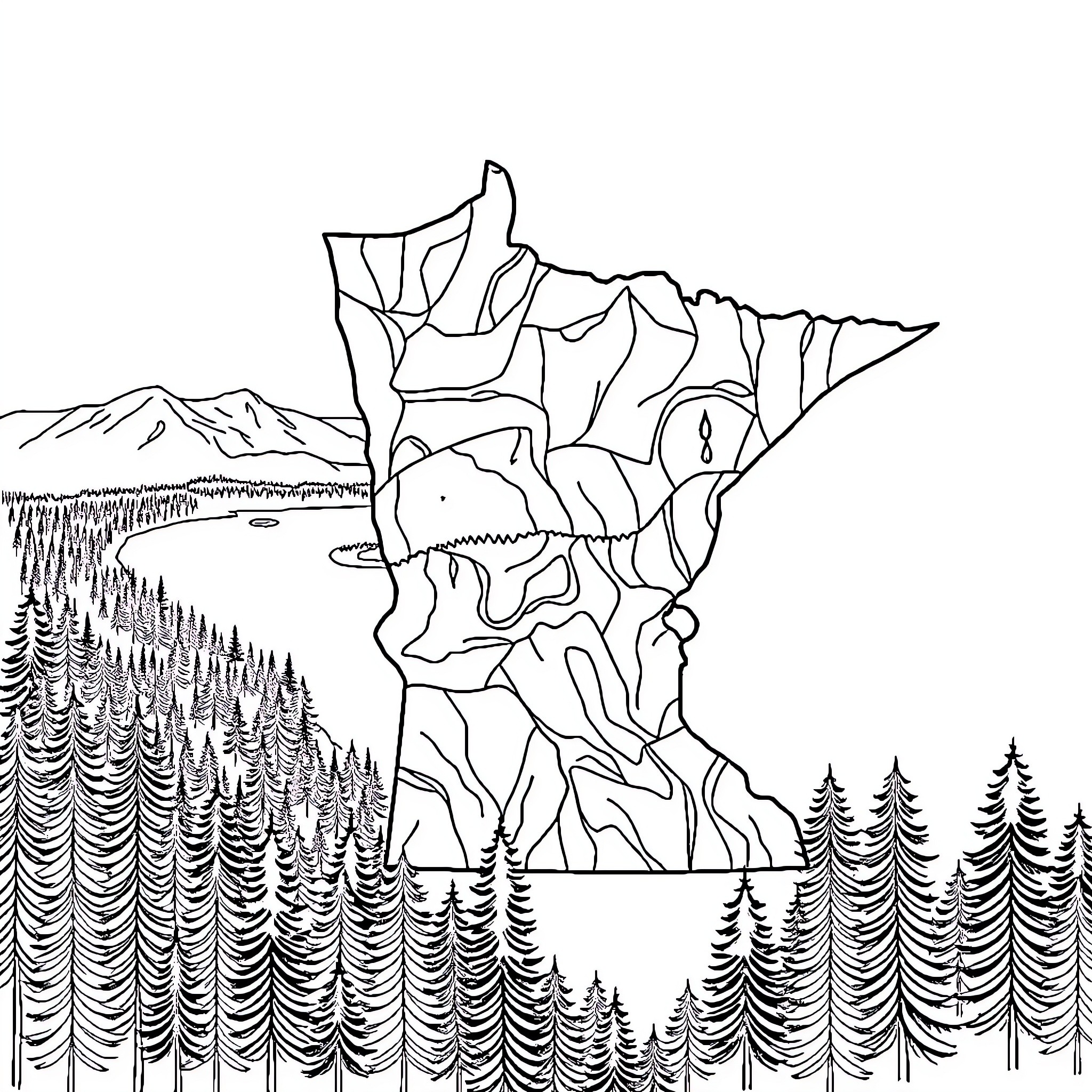 Minnesota landscape with pine forests and rocky cliffs Coloring Page (free black-and-white line drawing printable PDF for all, from beginners to advanced learners, including children, teens, adults, and seniors)