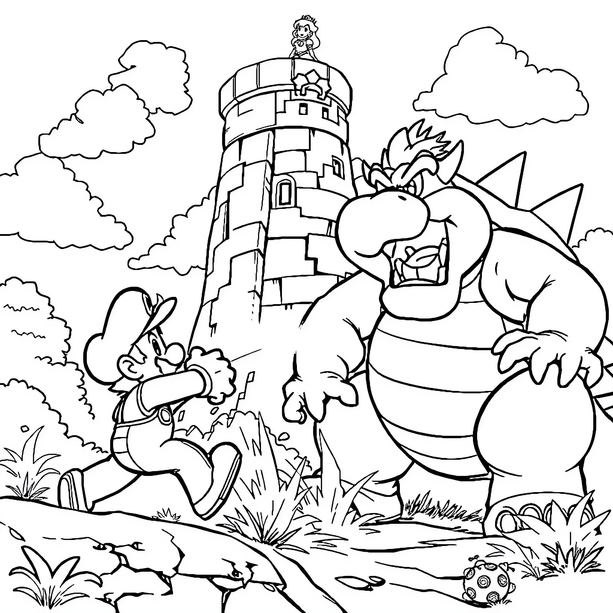 Mario and Bowser in an epic battle near a lighthouse Coloring Page (free black-and-white line drawing printable PDF for all, from beginners to advanced learners, including children, teens, adults, and seniors)