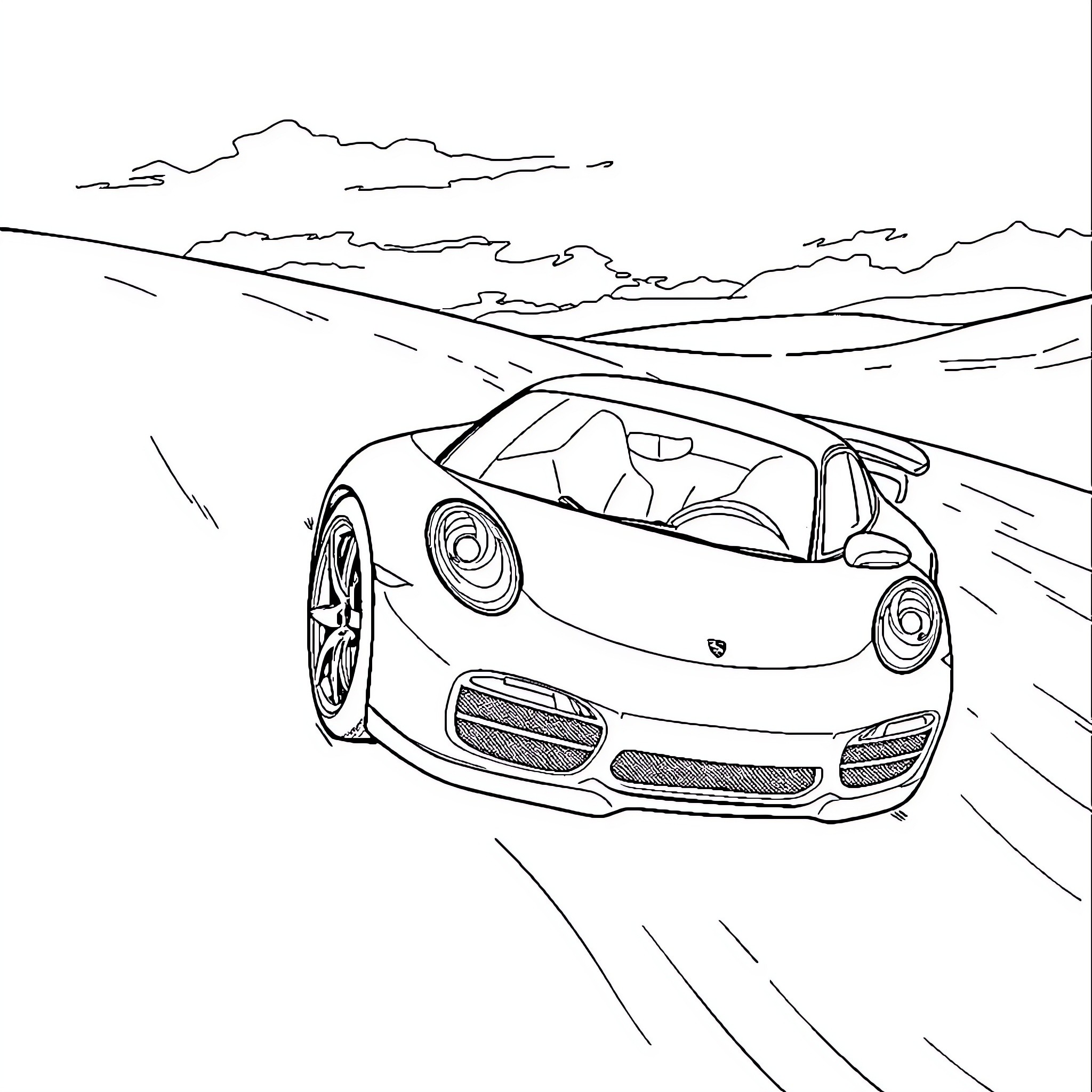 Porsche sports car speeding through scenic landscape Coloring Page (free black-and-white line drawing printable PDF for all, from beginners to advanced learners, including children, teens, adults, and seniors)