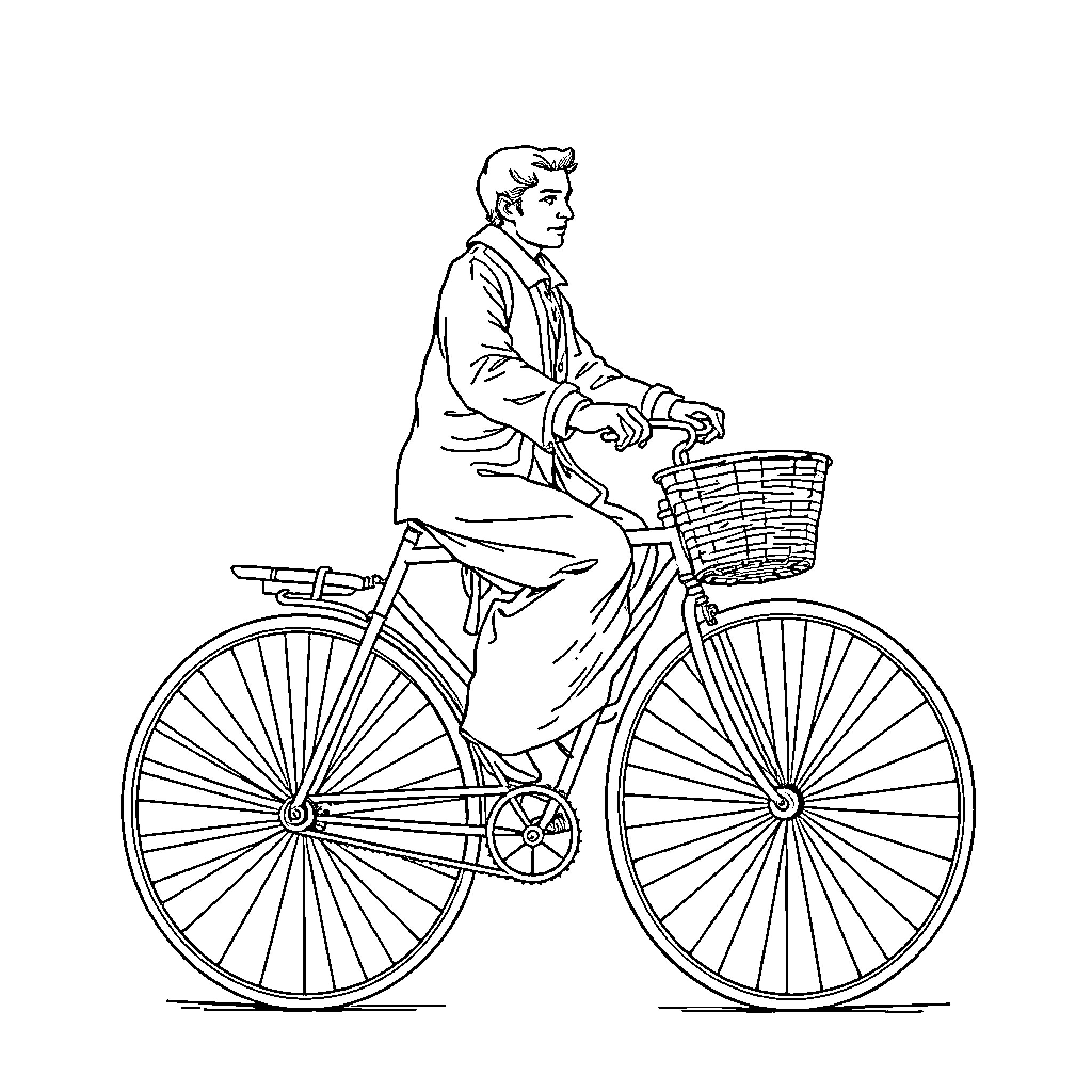 Man riding vintage bicycle with basket Coloring Page (free black-and-white line drawing printable PDF for all, from beginners to advanced learners, including children, teens, adults, and seniors)