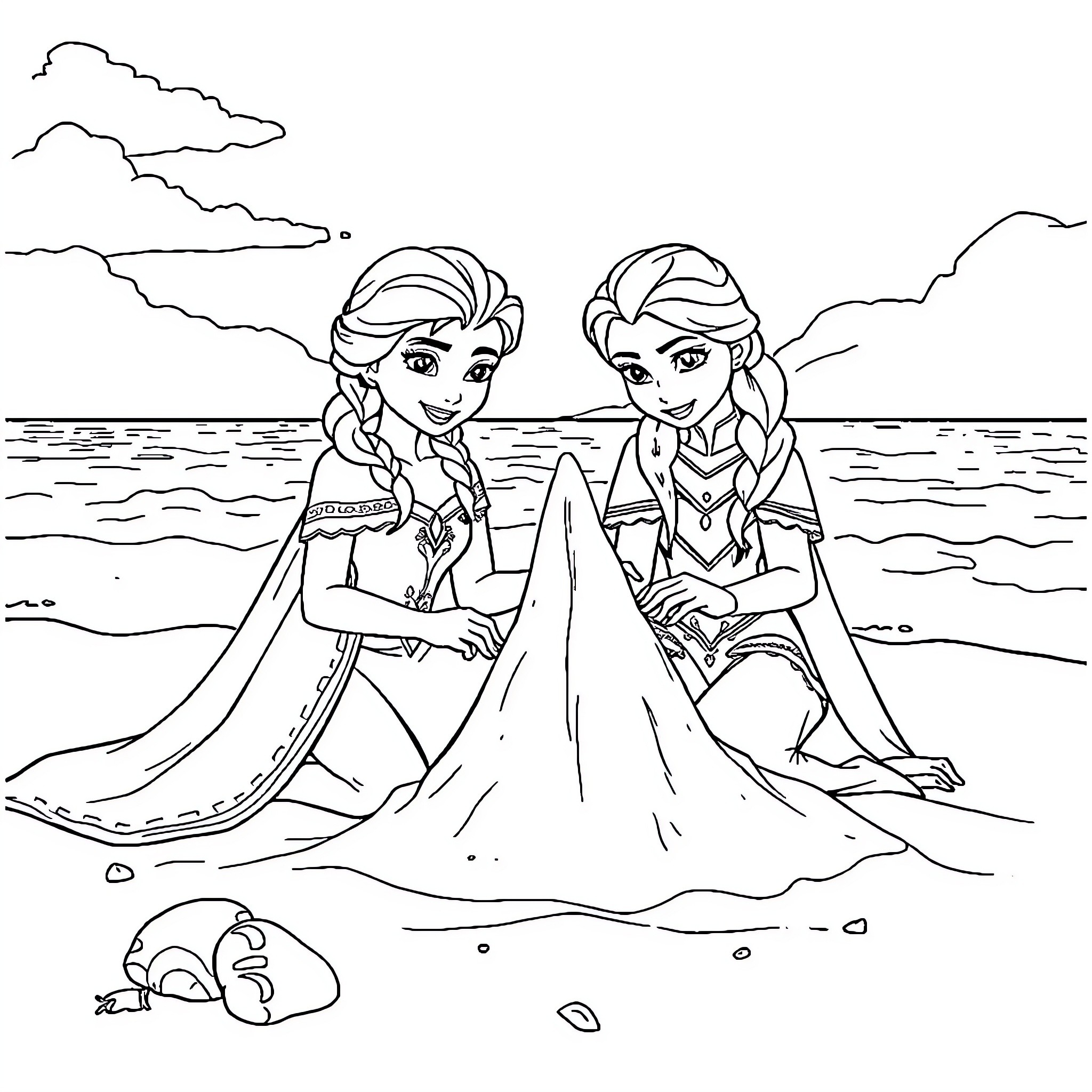 Elsa and Anna enjoying the beach Coloring Page (free black-and-white line drawing printable PDF for all, from beginners to advanced learners, including children, teens, adults, and seniors)