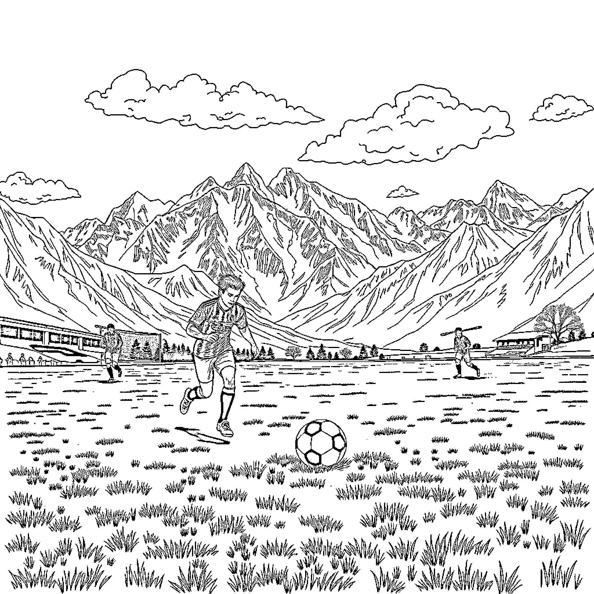 Manchester United players training in scenic mountain landscape Coloring Page (free black-and-white line drawing printable PDF for all, from beginners to advanced learners, including children, teens, adults, and seniors)