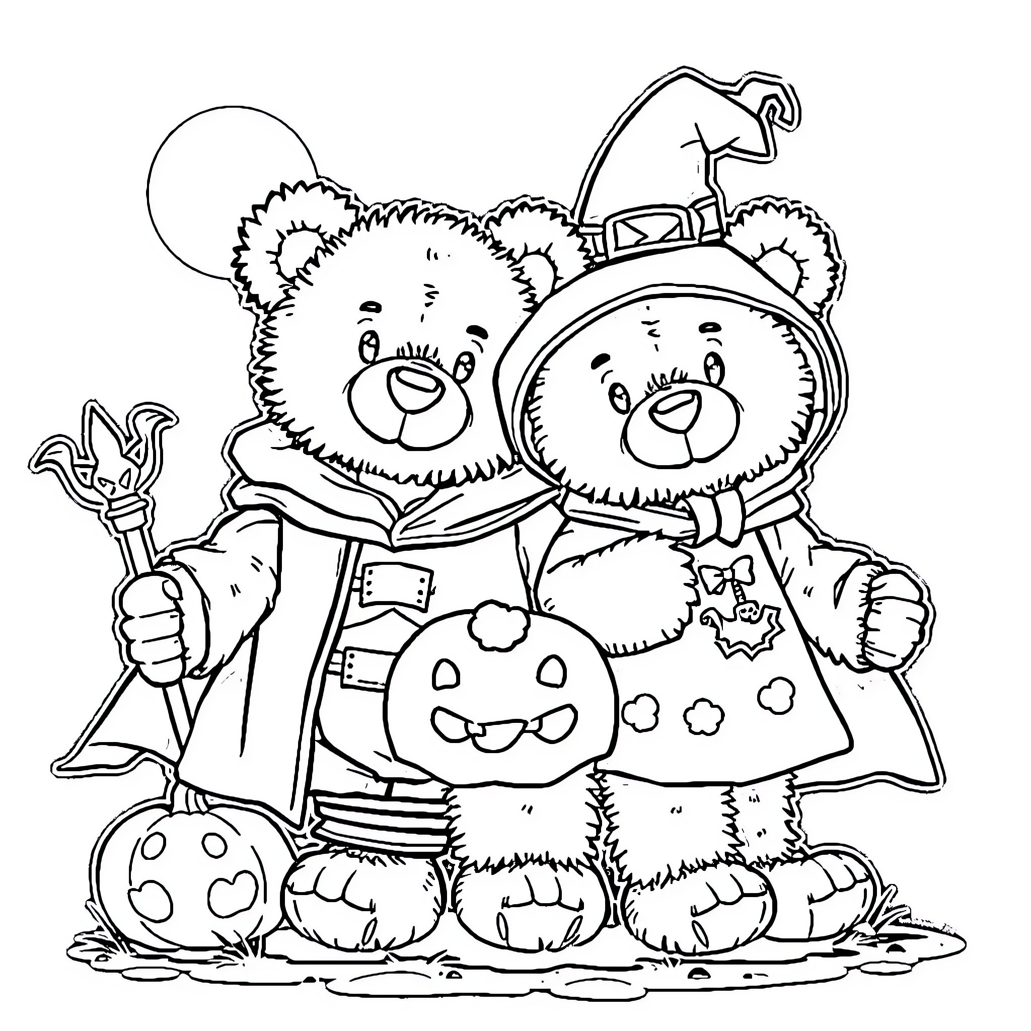 Teddy Bears in Halloween Costumes Coloring Page (free black-and-white line drawing printable PDF for all, from beginners to advanced learners, including children, teens, adults, and seniors)