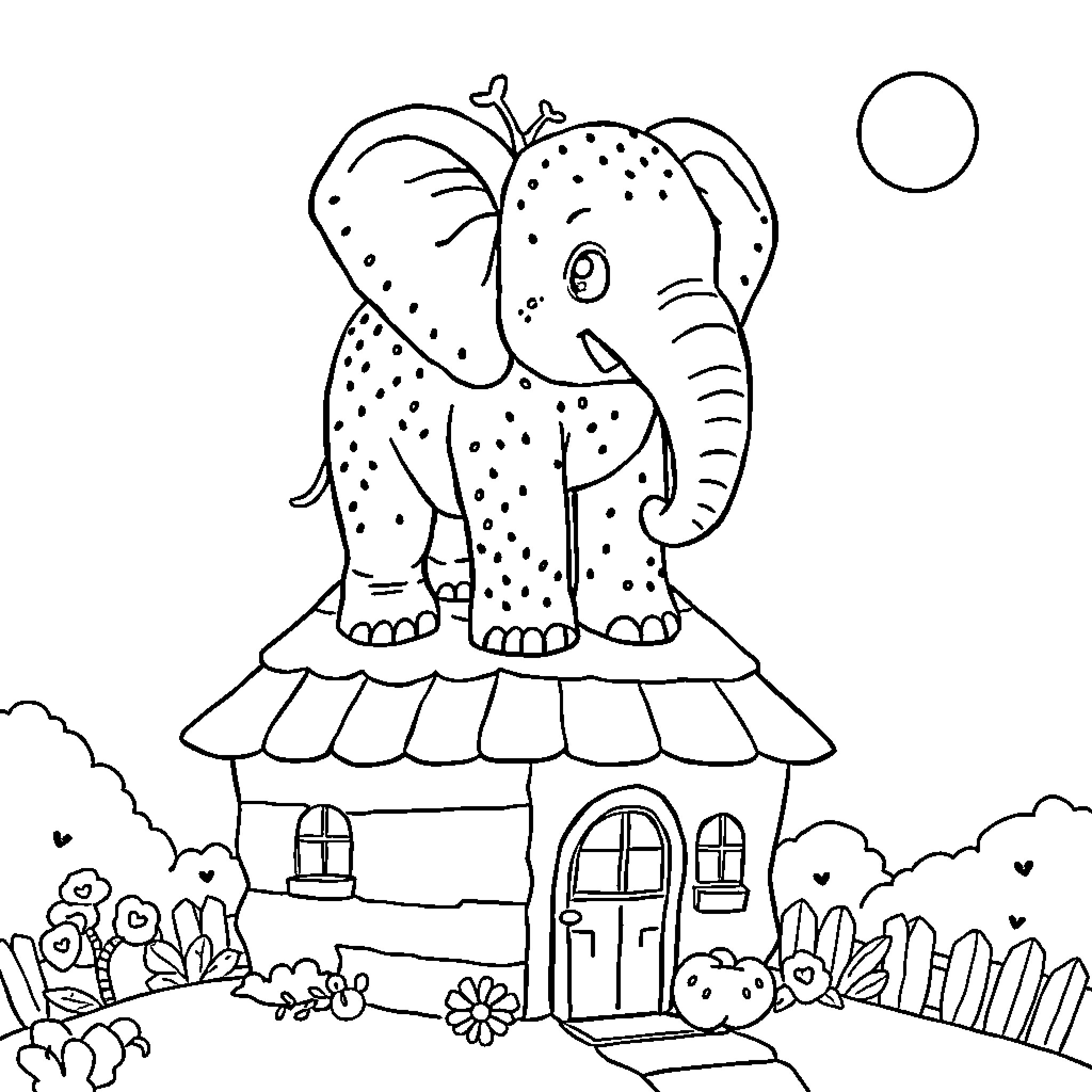 Elephant standing on a house in the countryside Coloring Page (free black-and-white line drawing printable PDF for all, from beginners to advanced learners, including children, teens, adults, and seniors)