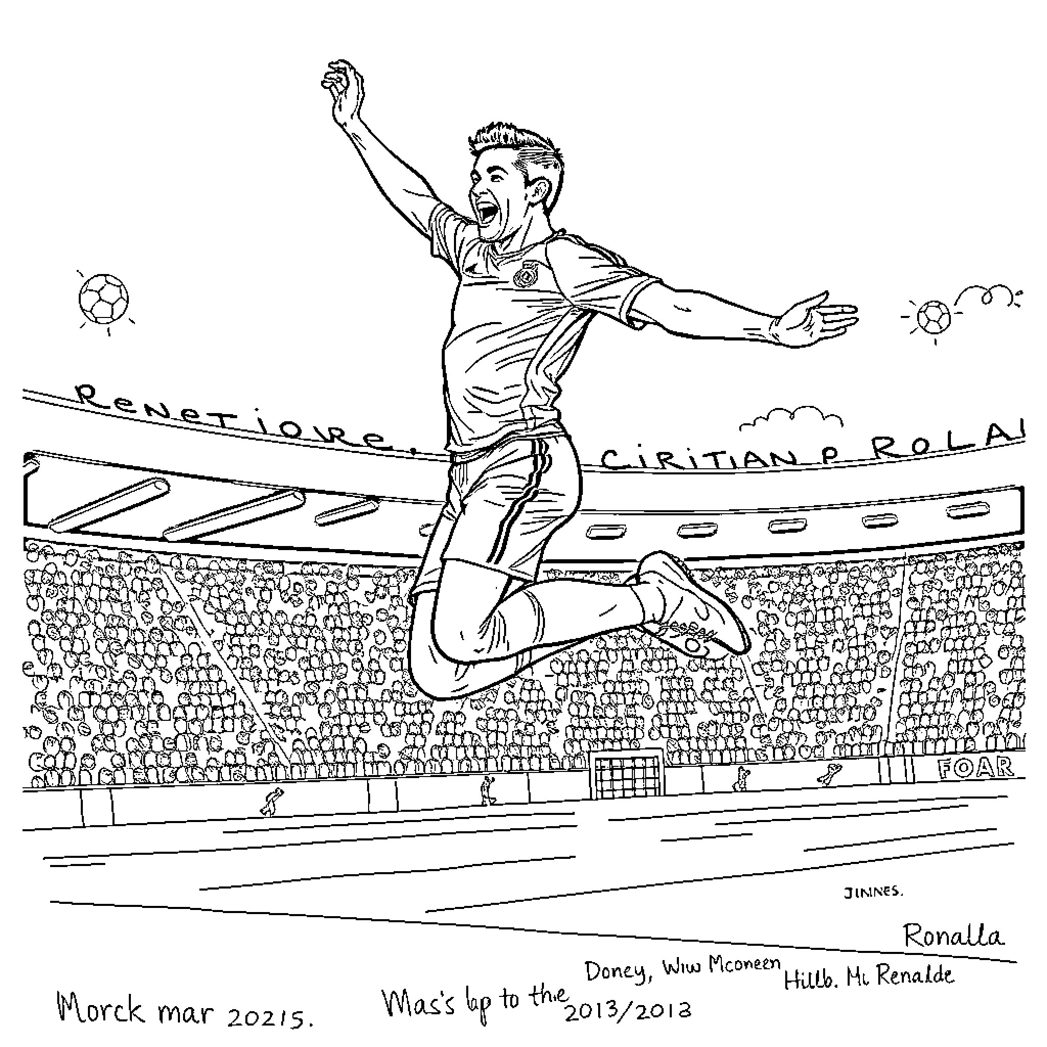 Cristiano Ronaldo celebrating a goal in a football stadium Coloring Page (free black-and-white line drawing printable PDF for all, from beginners to advanced learners, including children, teens, adults, and seniors)